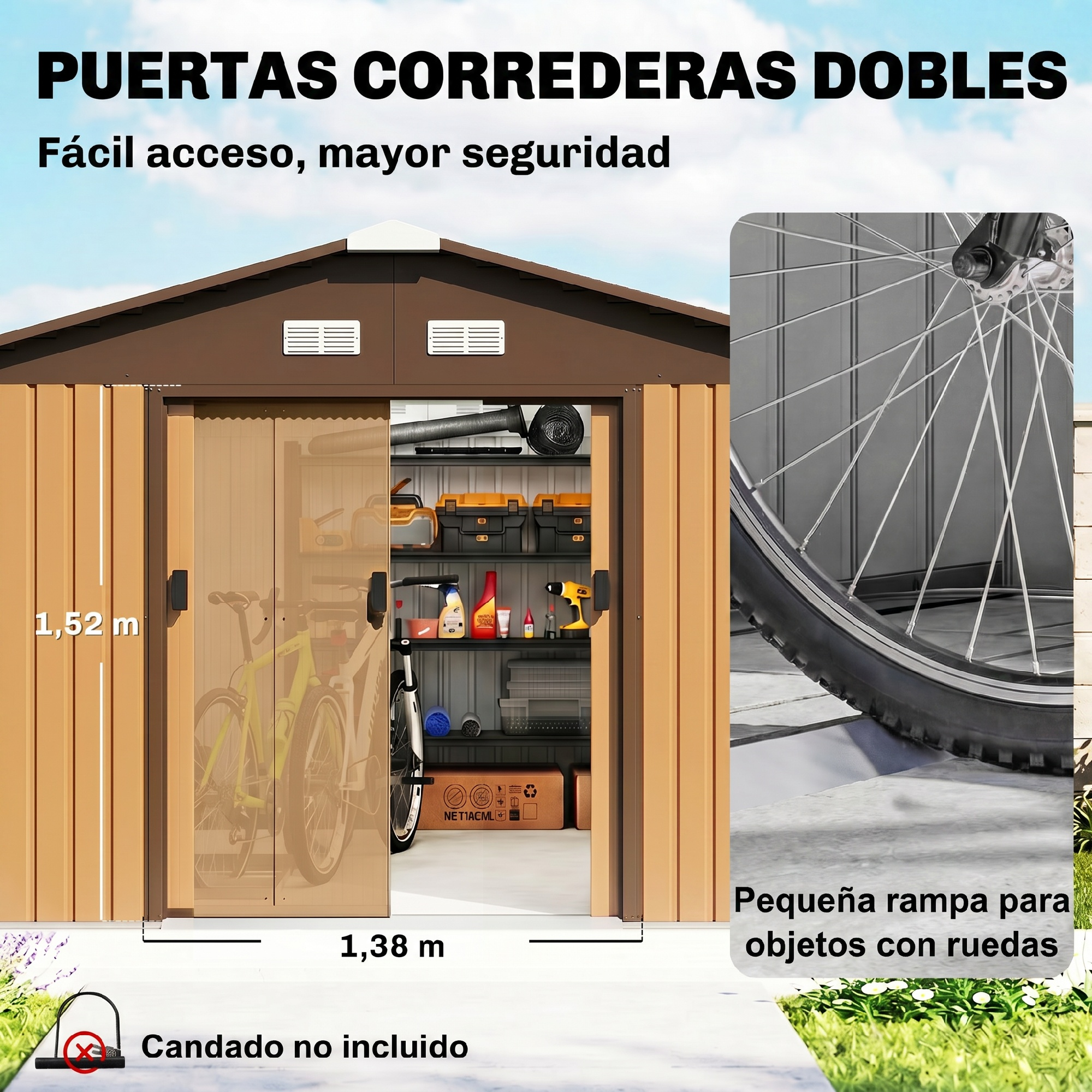 Un cobertizo de metal beige con puertas correderas dobles, estantes y una bicicleta dentro, y una pequeña rampa.