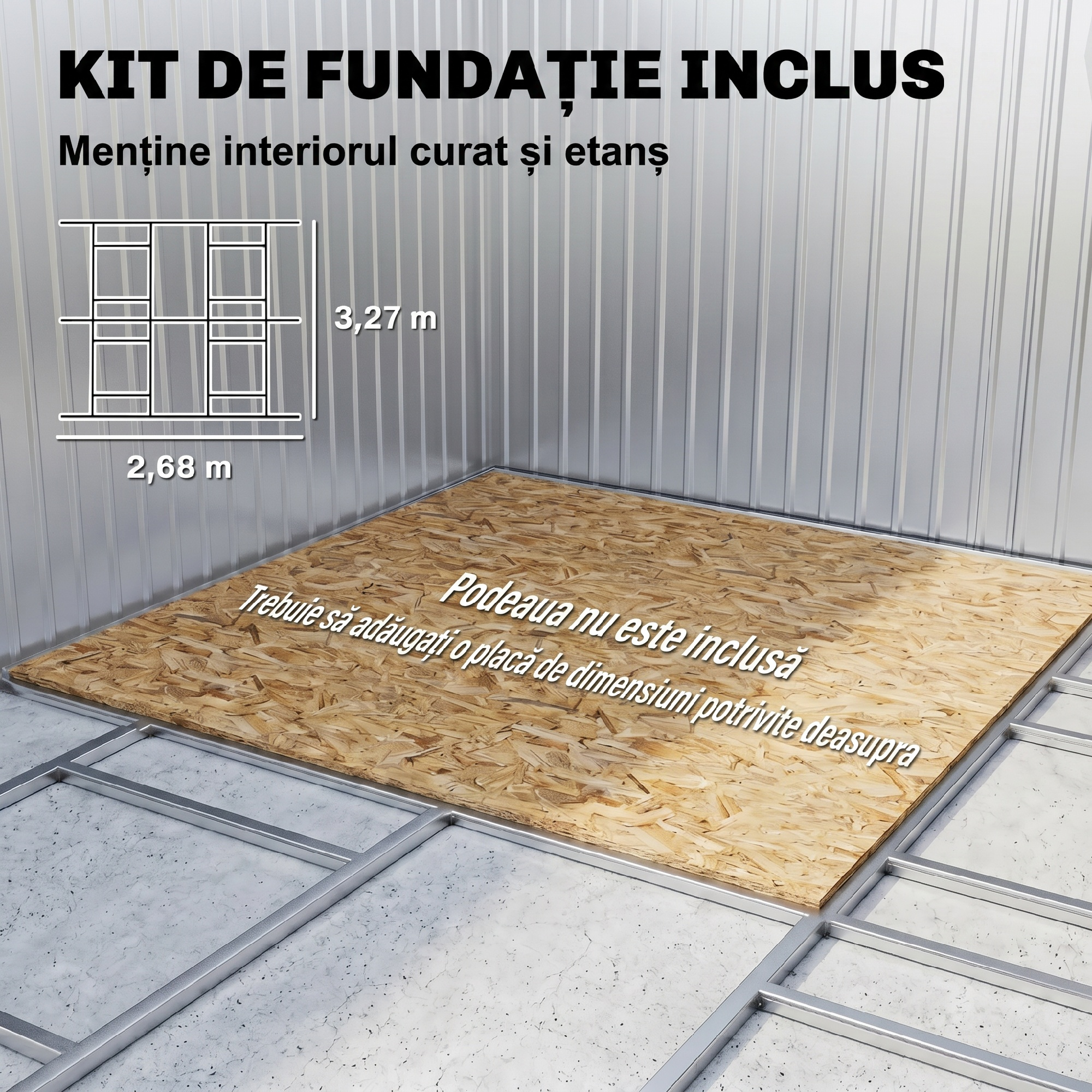Kit de cimentación con marco metálico y panel de madera sobre suelo de hormigón con texto en rumano.
