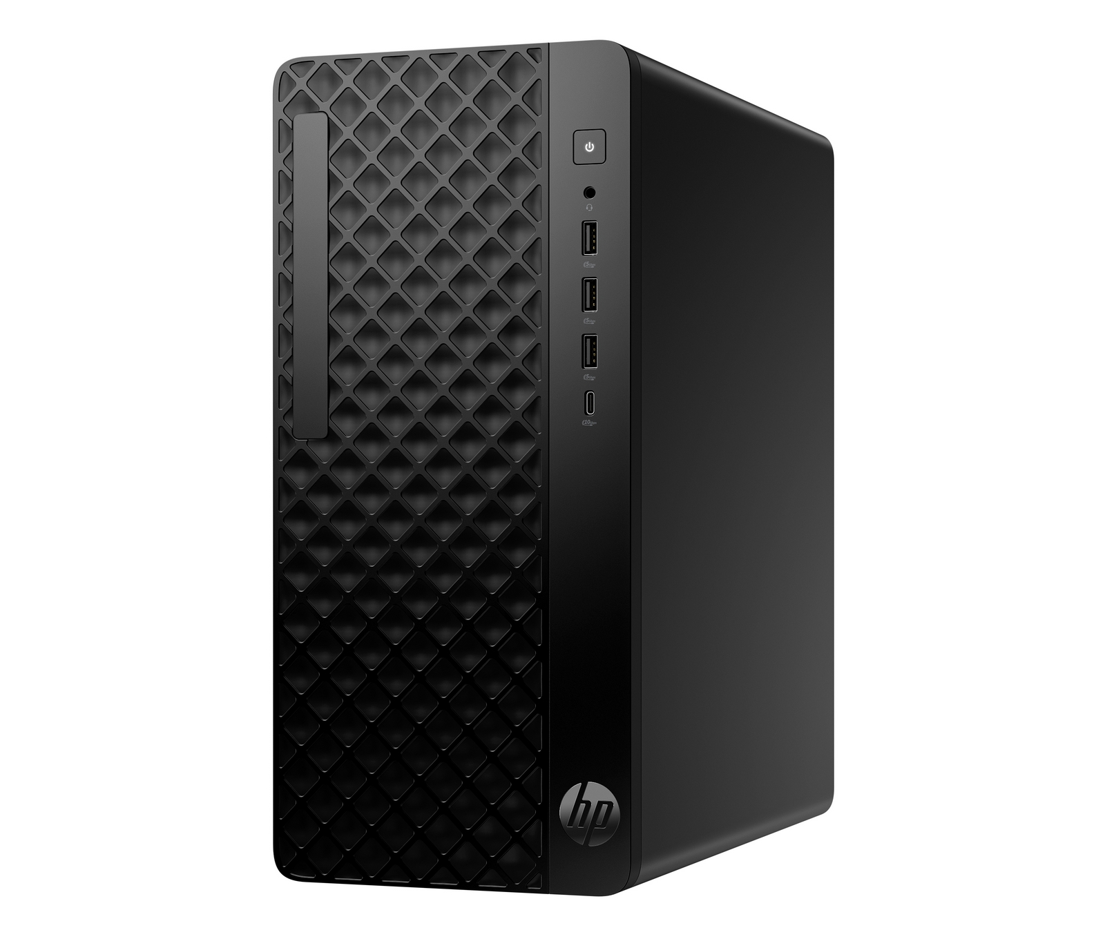 Un tower per computer desktop HP nero con pannello frontale a rete geometrica su sfondo bianco.