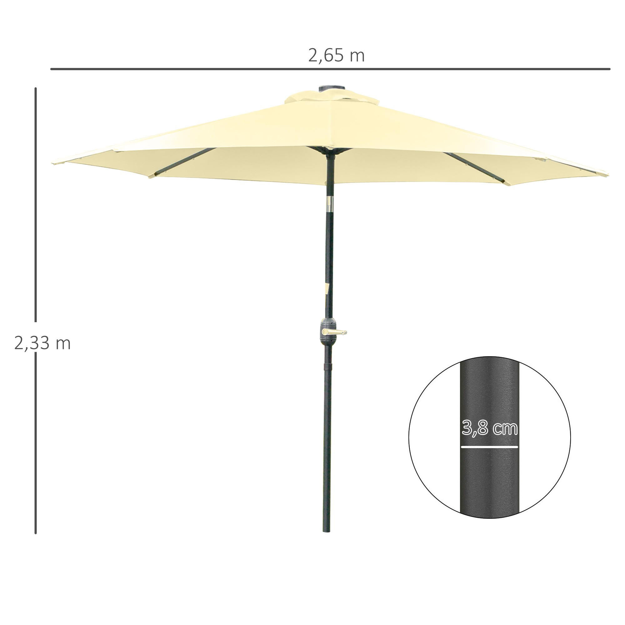 Sombrilla beige de 2,65 m de ancho y 2,33 m de alto, con un mástil de 3,8 cm de grosor.