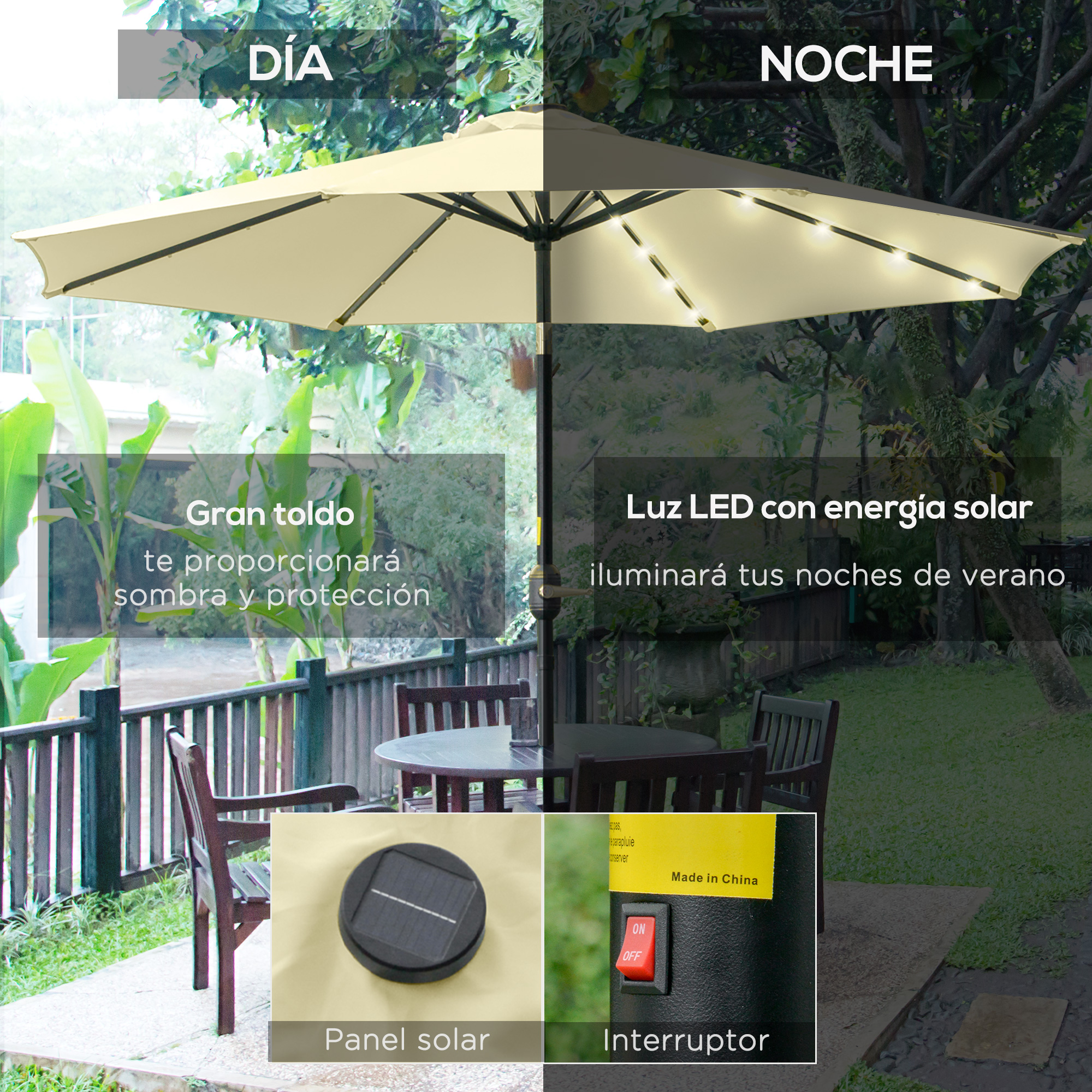 Una sombrilla beige con LED solares para día y noche, con panel solar e interruptor.
