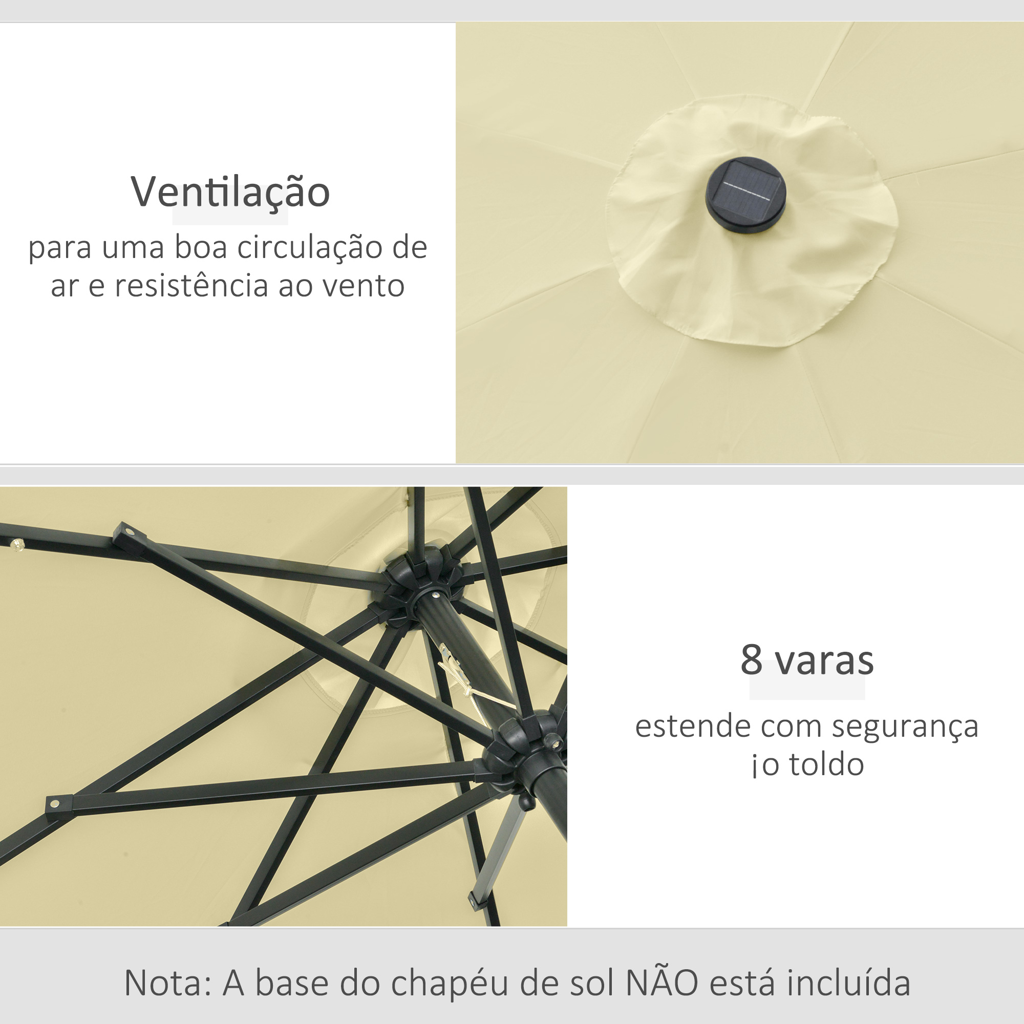 Detalles de sombrilla con ventilación, estructura negra de 8 varillas y texto en los bordes grises.