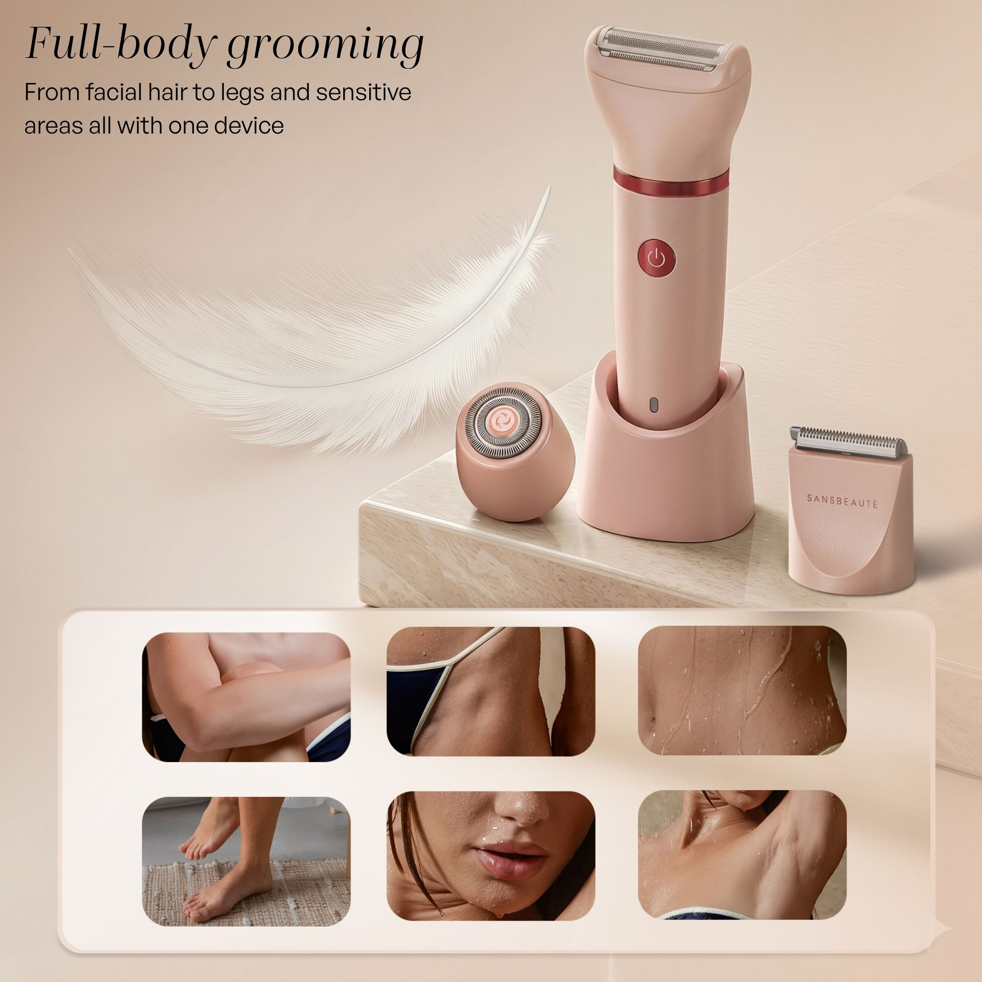Rasoir électrique rose avec accessoires, plume blanche et images d'utilisation corporelle.