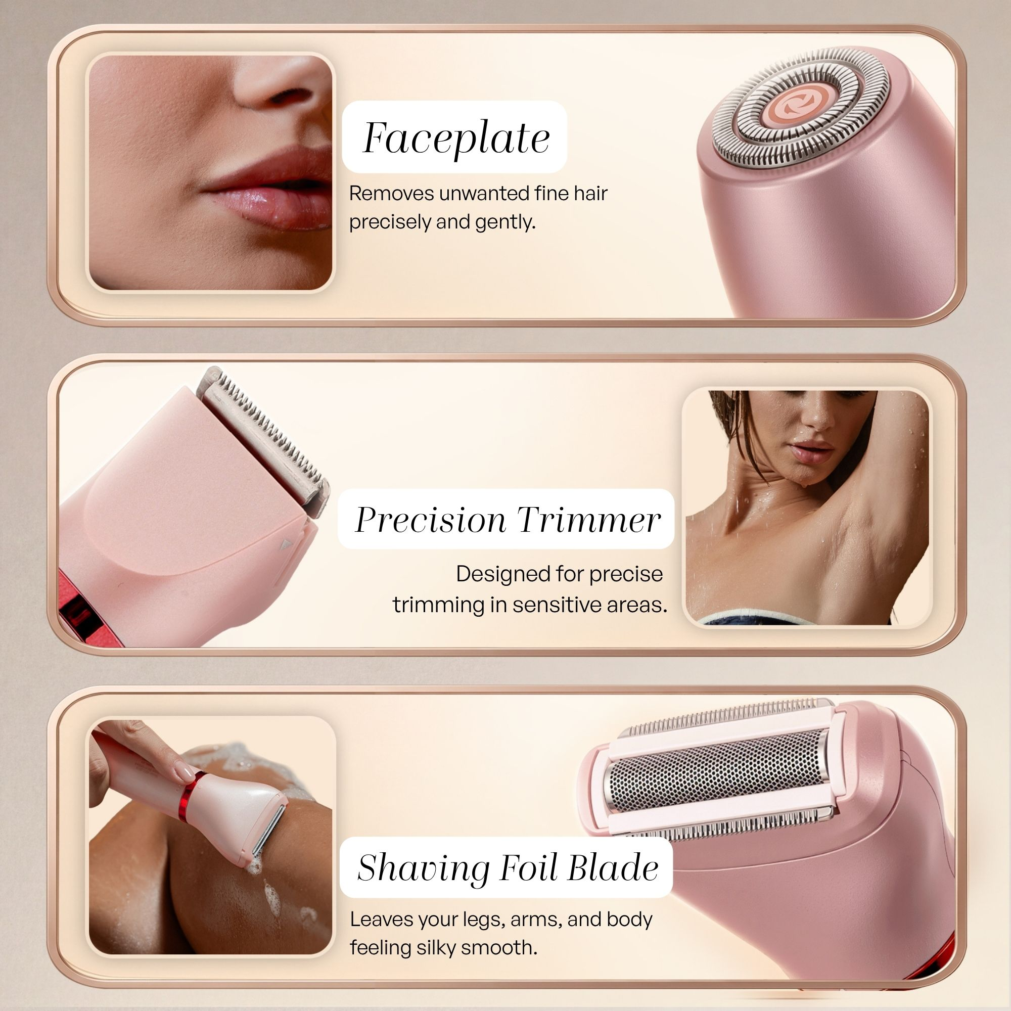Publicité pour un épilateur rose avec accessoire visage, tondeuse de précision et grille de rasage pour le corps.