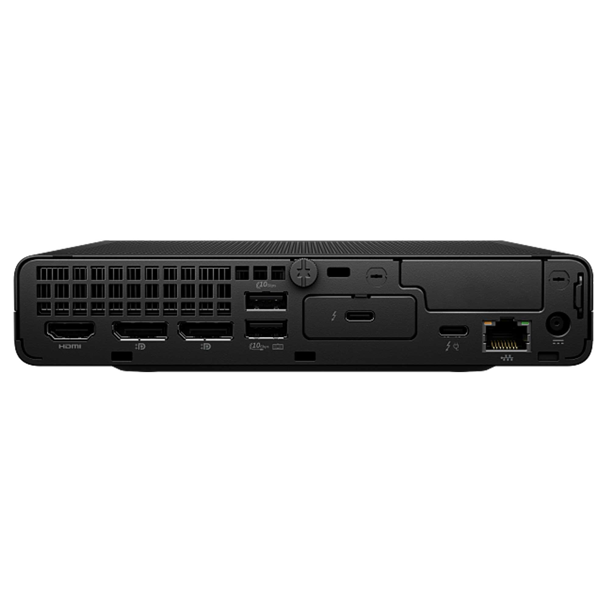 HDMI, USB ve Ethernet dahil çeşitli bağlantı noktalarını gösteren siyah bir mini PC'nin arka paneli.