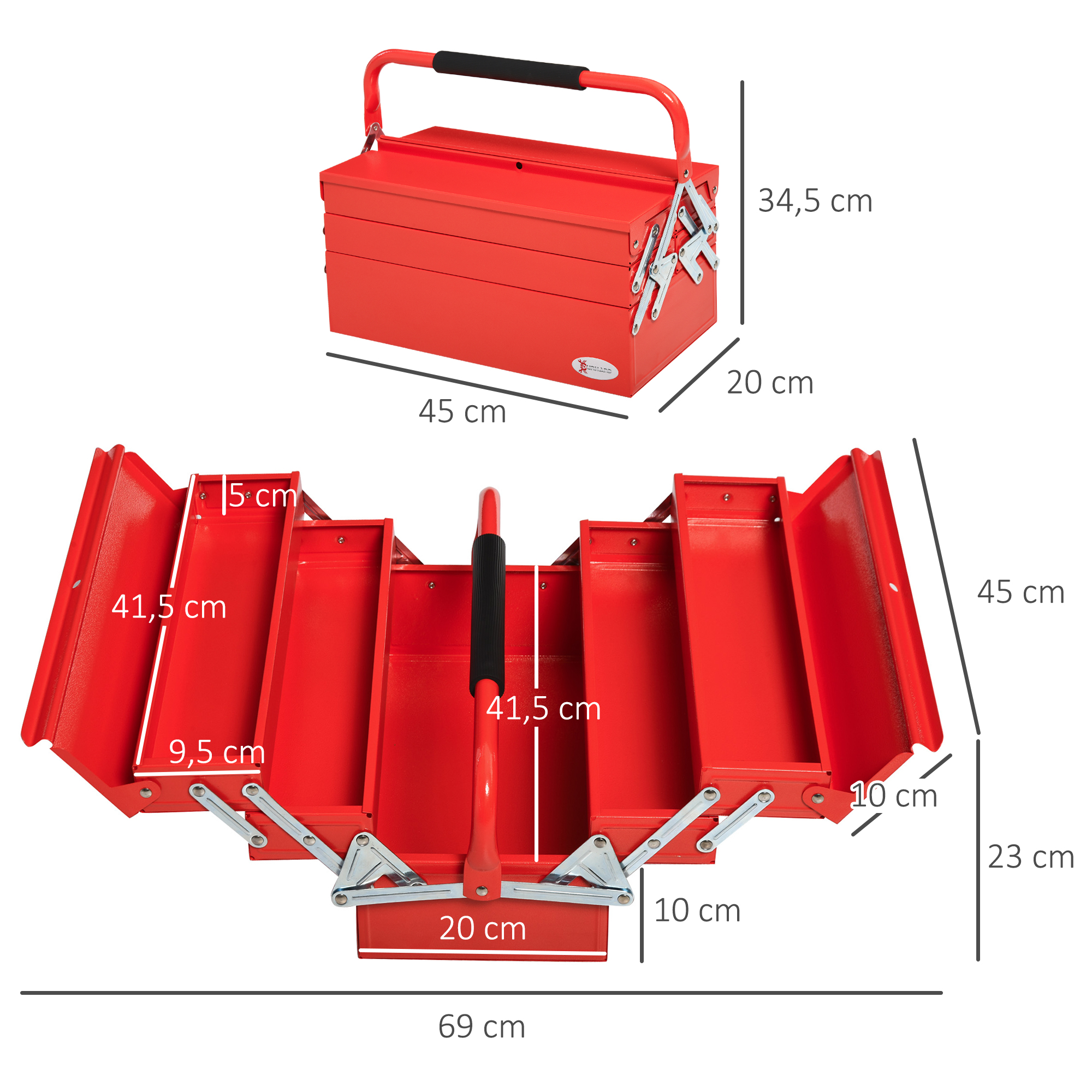 Caja de herramientas roja de metal con cinco compartimentos, cerrada y abierta con medidas en centímetros.