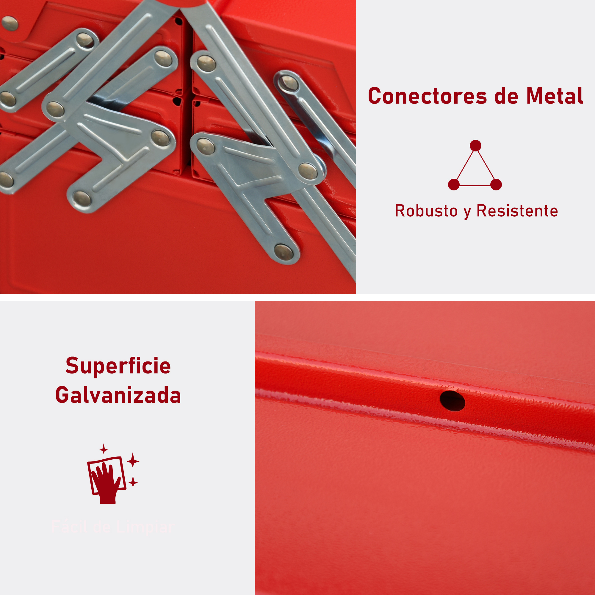 Primer plano de una caja de herramientas roja con conectores de metal y superficie galvanizada.
