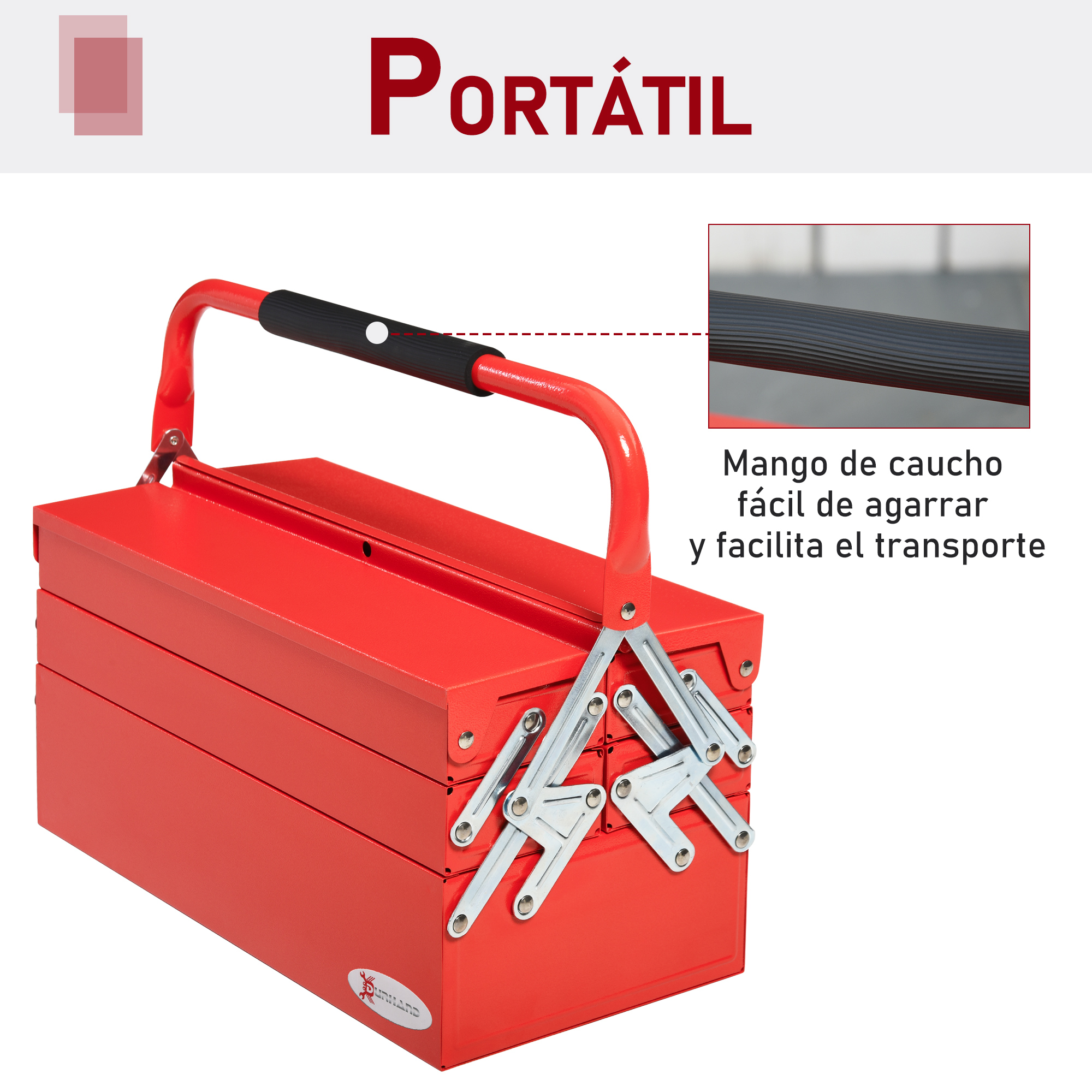 Una caja de herramientas de metal roja con tres niveles y un mango de caucho para fácil transporte.