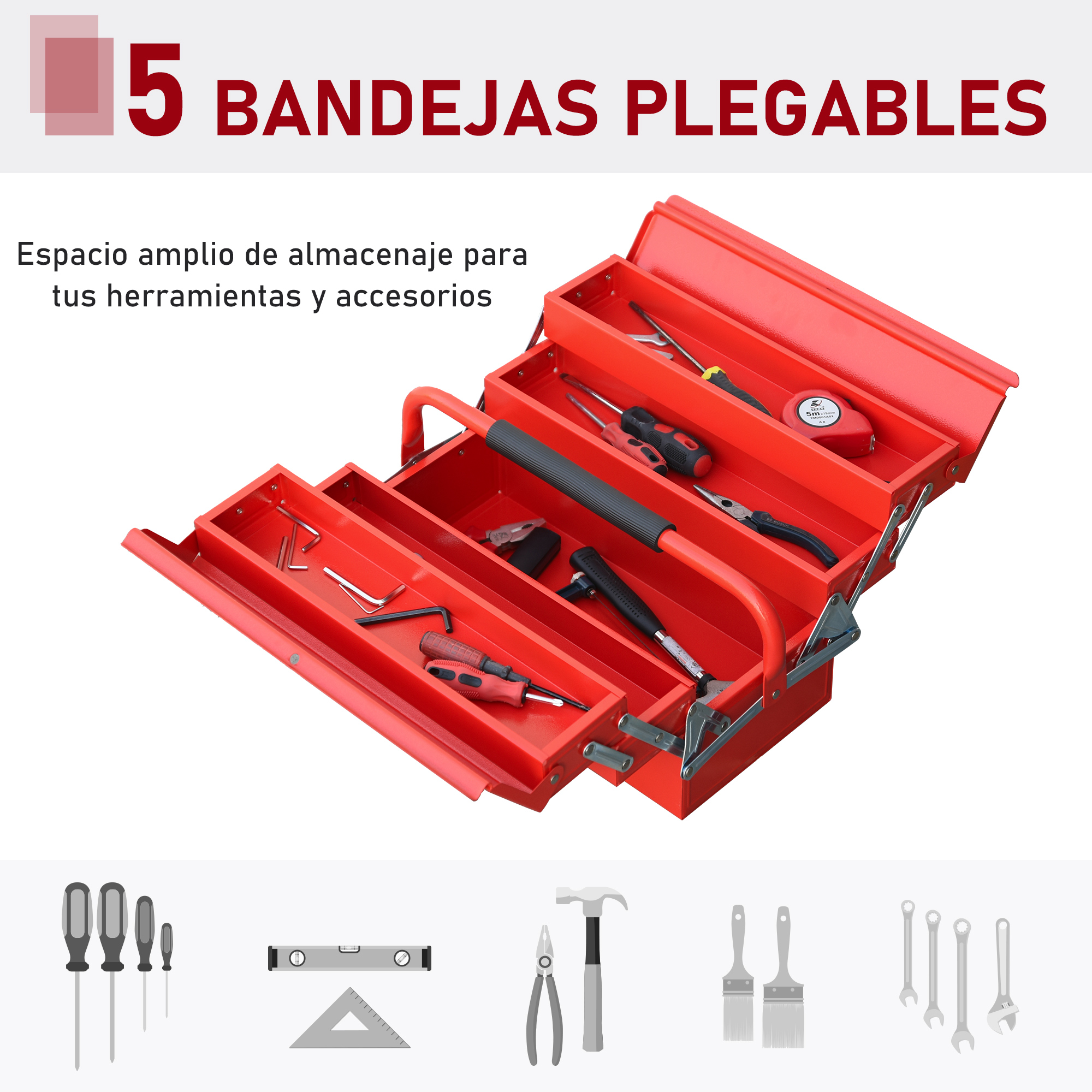 Una caja de herramientas metálica roja abierta y plegable con herramientas como destornilladores, un martillo y alicates.