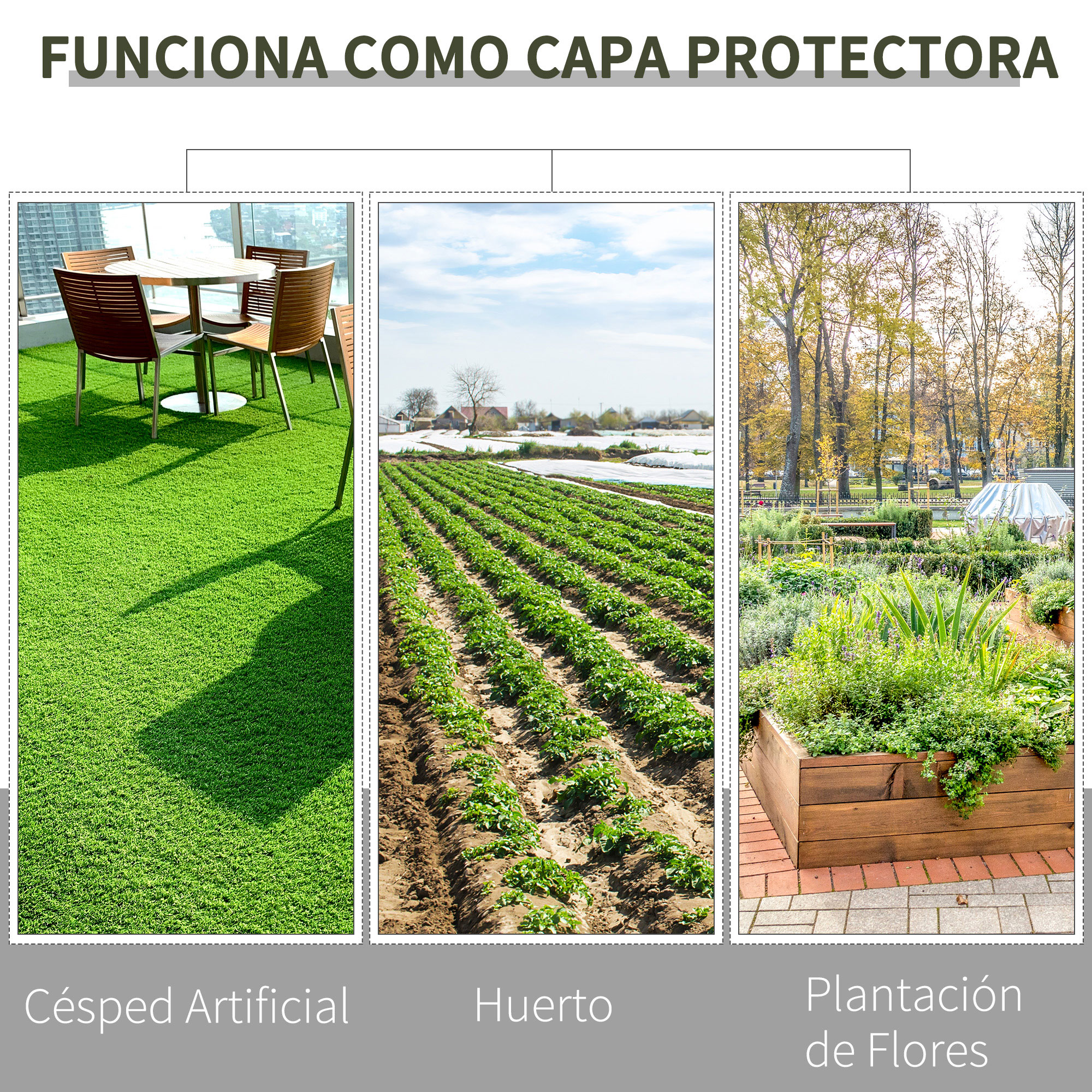 Tres paneles que muestran césped artificial, un campo de cultivo y un jardín de flores en maceteros de madera.