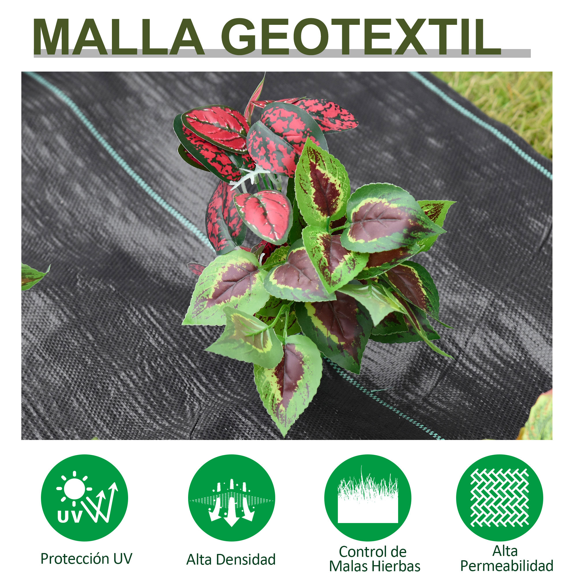 Malla geotextil sobre fondo negro con hojas verdes y rojas y cuatro iconos.