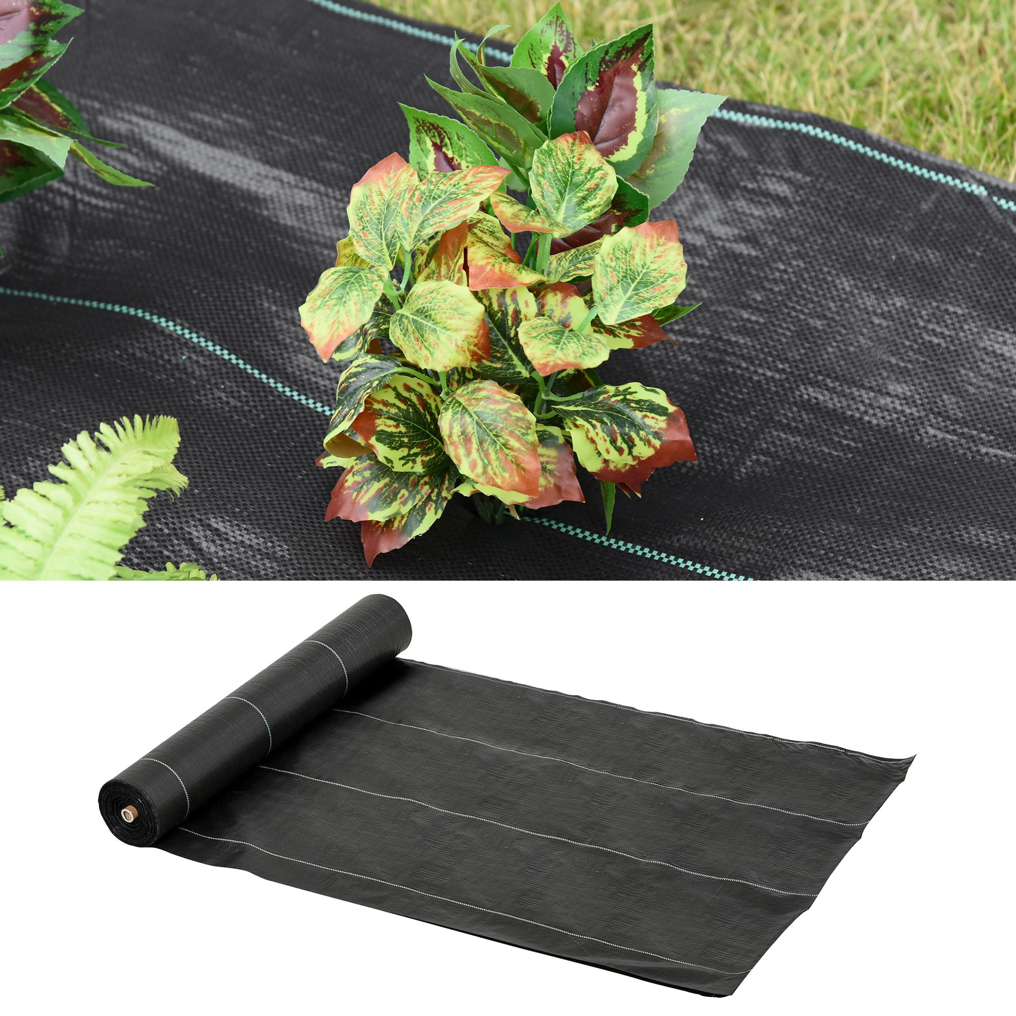Plantas artificiales sobre tela antihierba negra con líneas y un rollo de la tela.