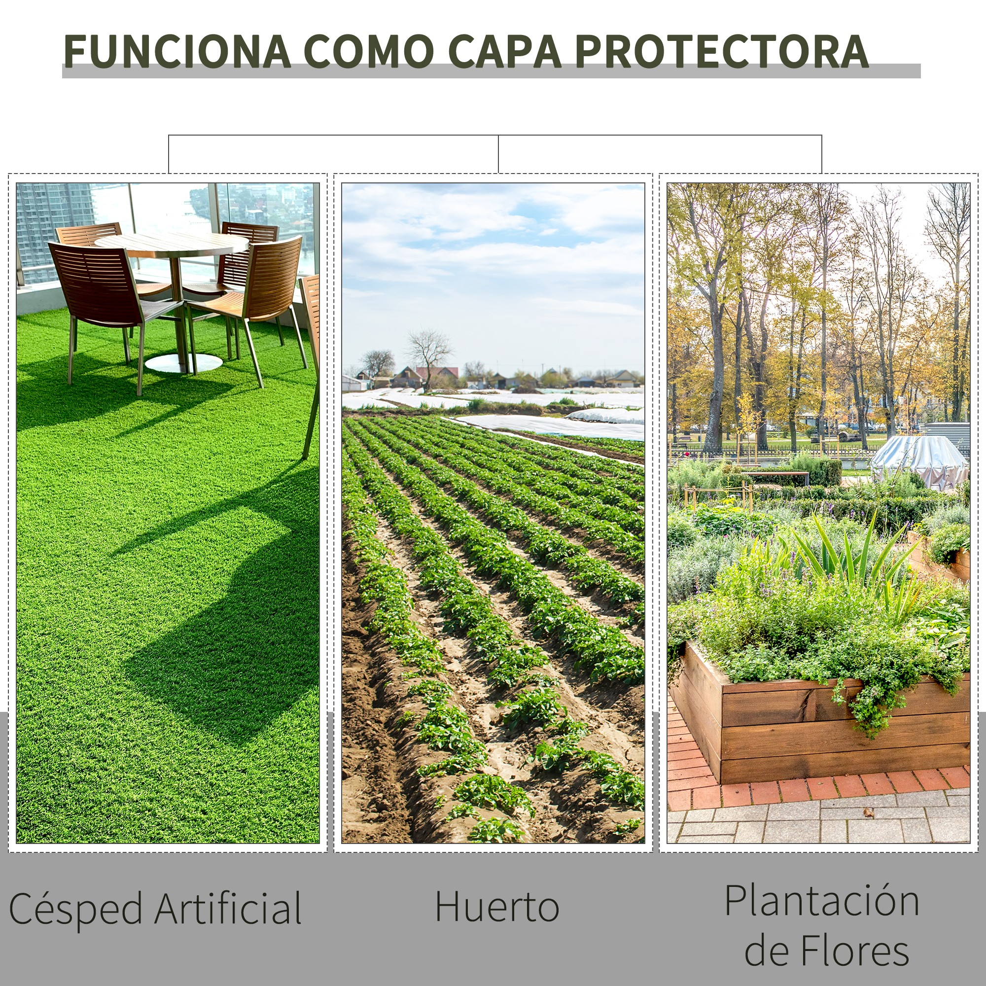 Tres imágenes que muestran césped artificial, un campo agrícola y arriates.