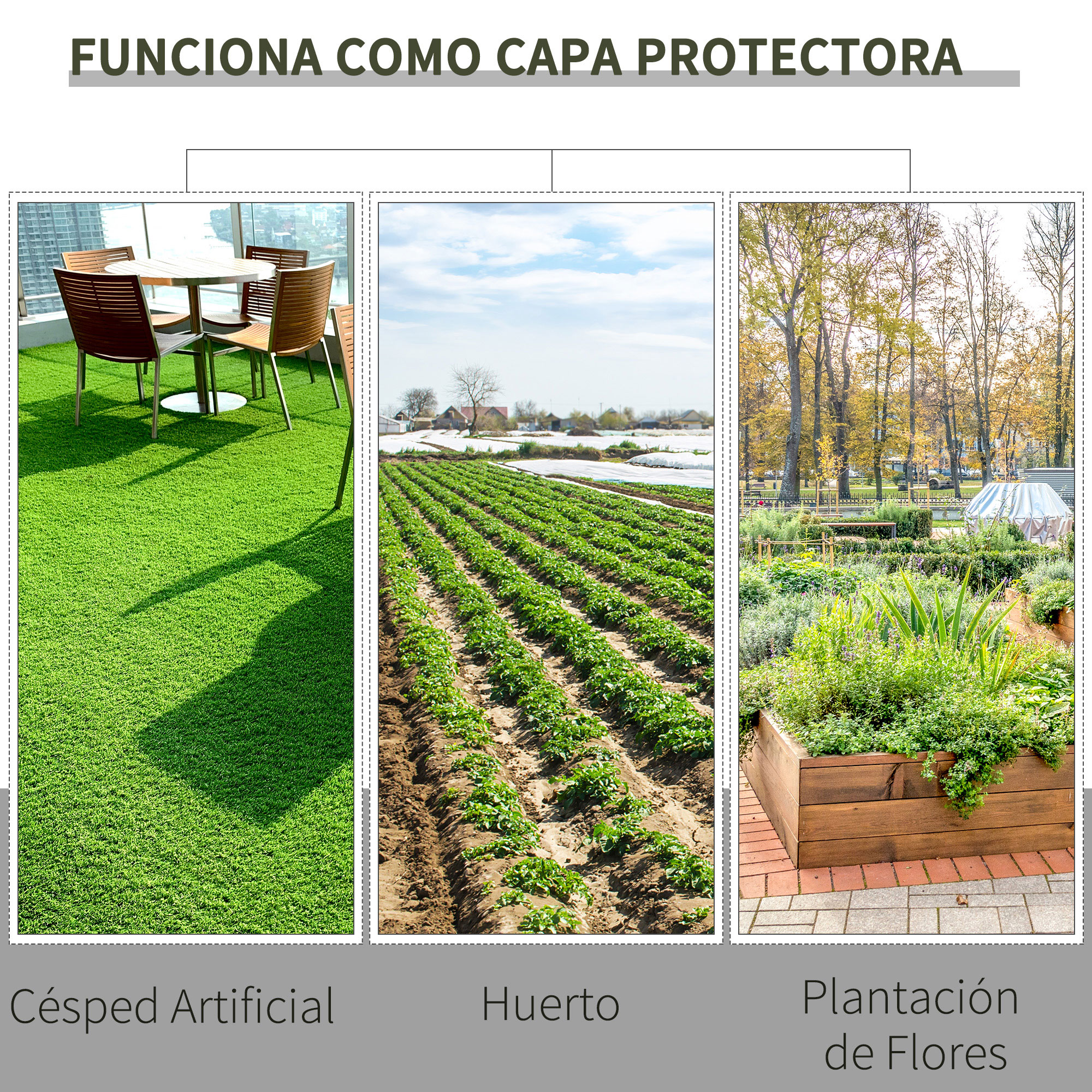 Tres paneles muestran césped artificial, un huerto y macizos de flores.