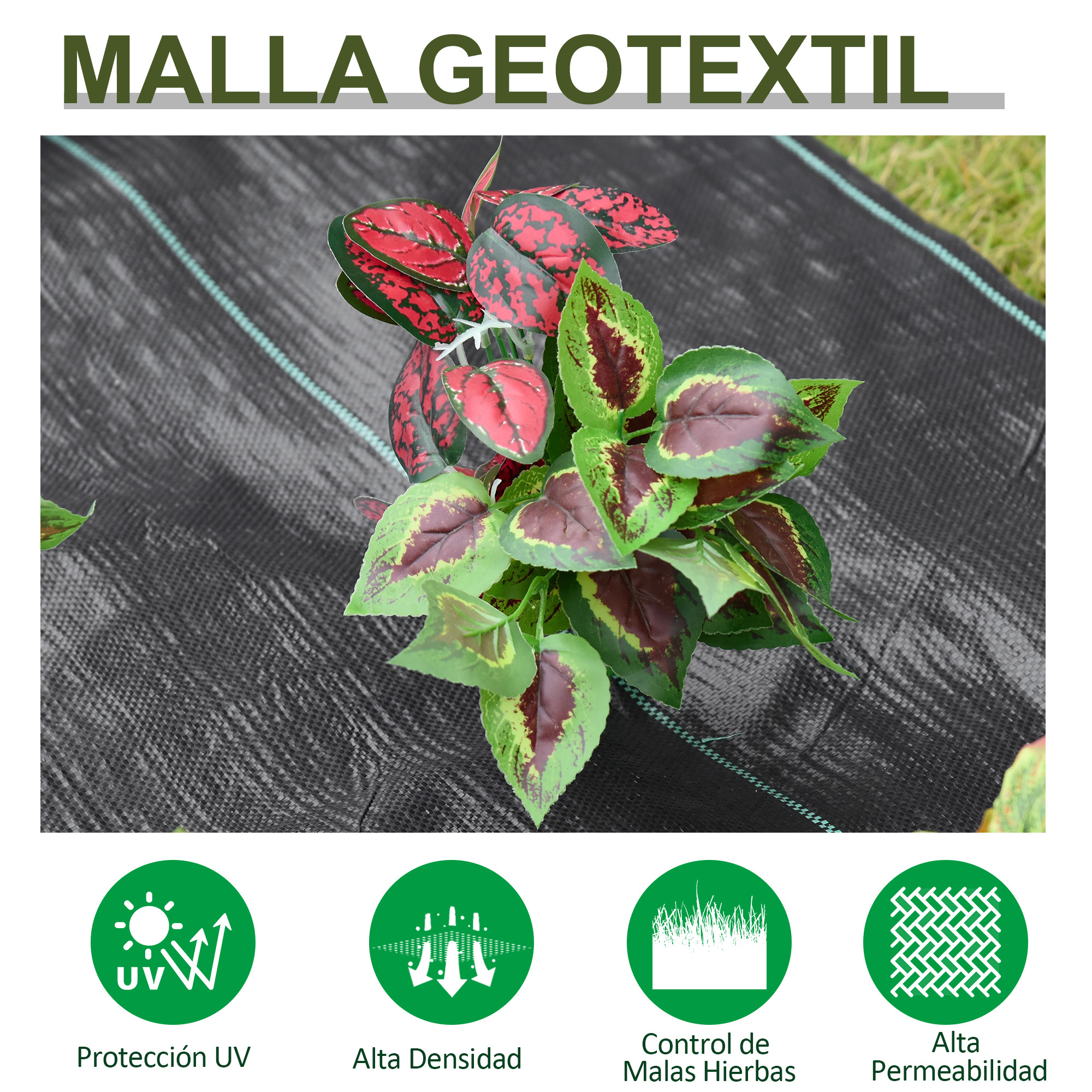 Malla geotextil con hojas rojas y verdes, y cuatro iconos sobre protección UV, densidad, control de malas hierbas y permeabilidad.