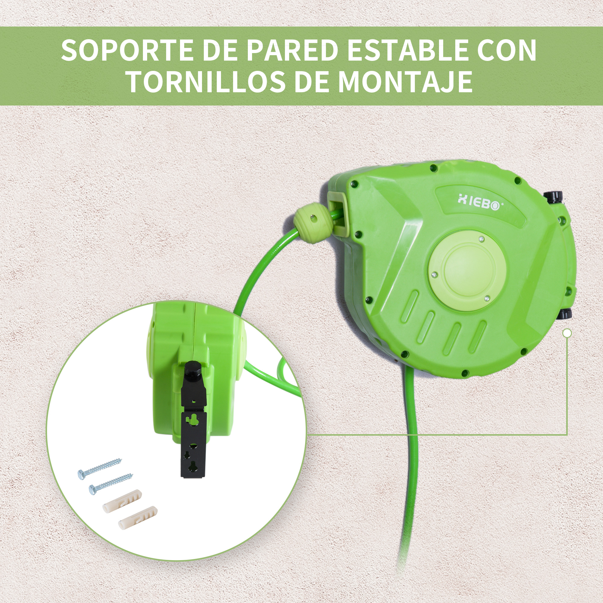 Portamangueras de jardín verde con soporte de pared, tornillos y tacos.