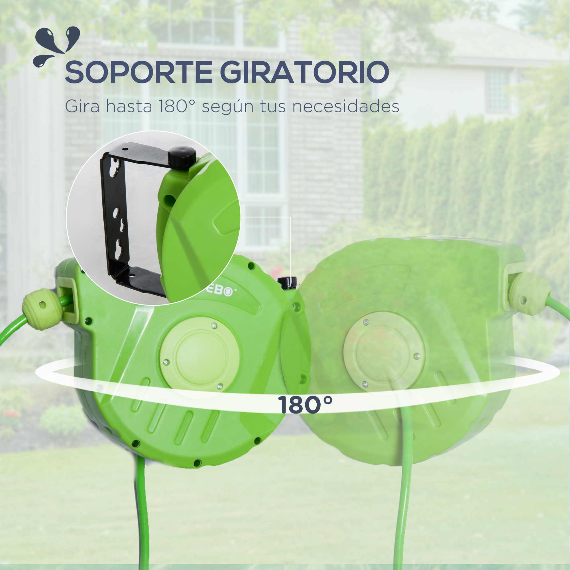 Enrollador de manguera de jardín verde con soporte de pared giratorio de 180 grados.