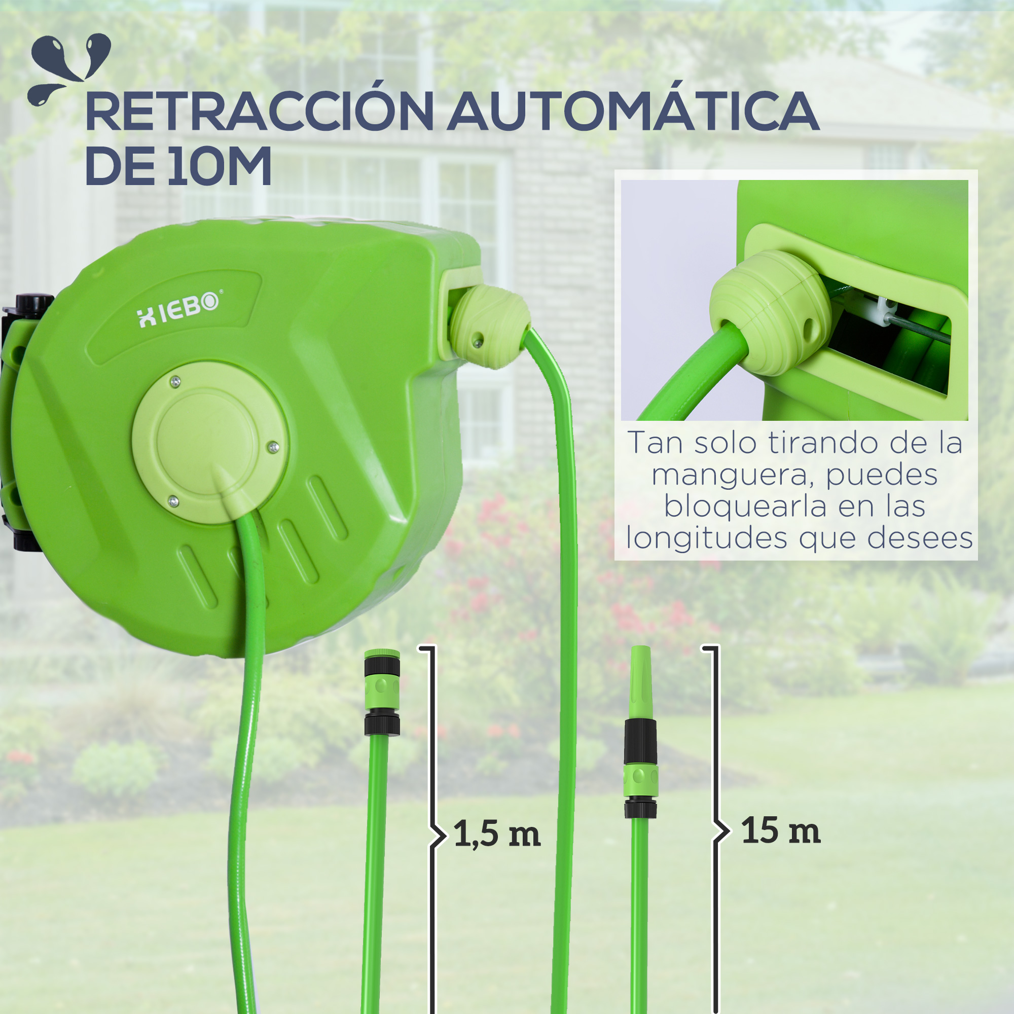 Un portamangueras automático verde con retracción de 10m y un primer plano del mecanismo de bloqueo.