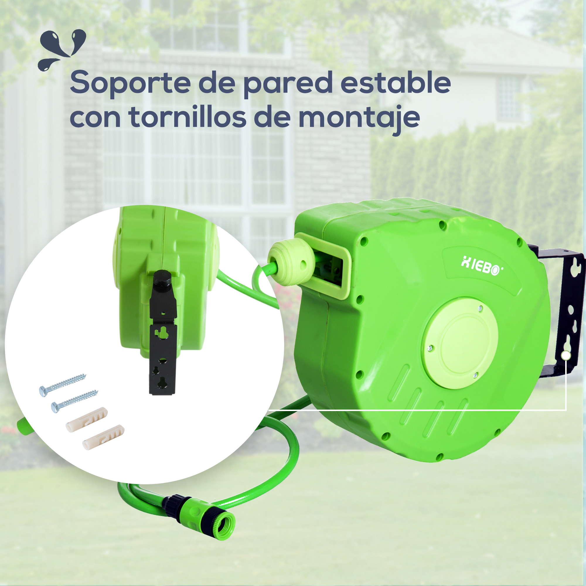 Carrete de manguera verde con soporte de pared y tornillos de montaje.