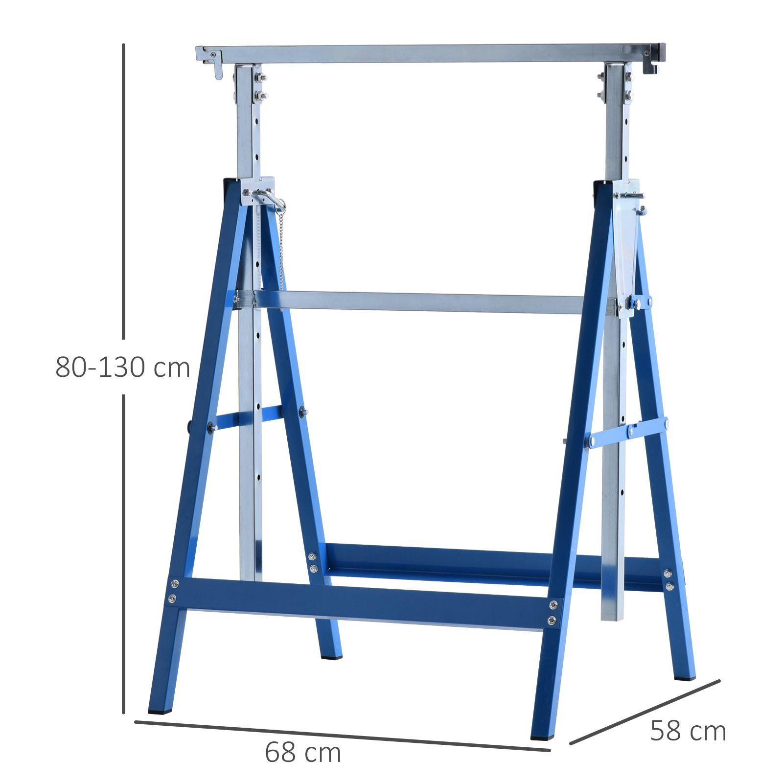 Un caballete azul y plateado con dimensiones de 80-130 cm de alto, 68 cm de ancho y 58 cm de profundidad.