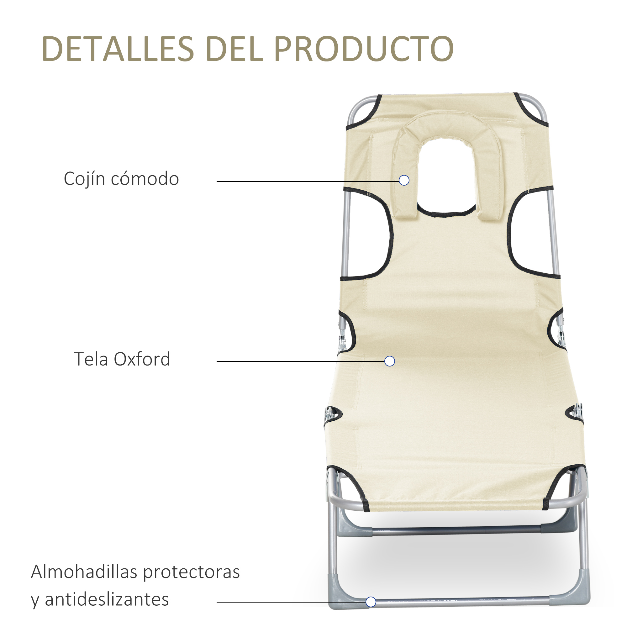 Silla de playa beige con estructura metálica y agujero para la cara, con partes etiquetadas.