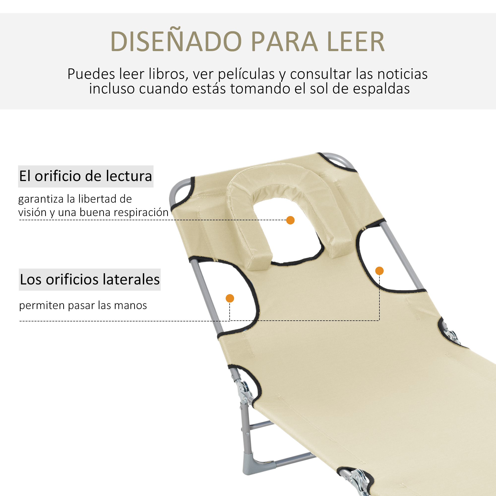 Tumbona beige con orificios para cara y brazos para leer, con textos en español señalando funciones.