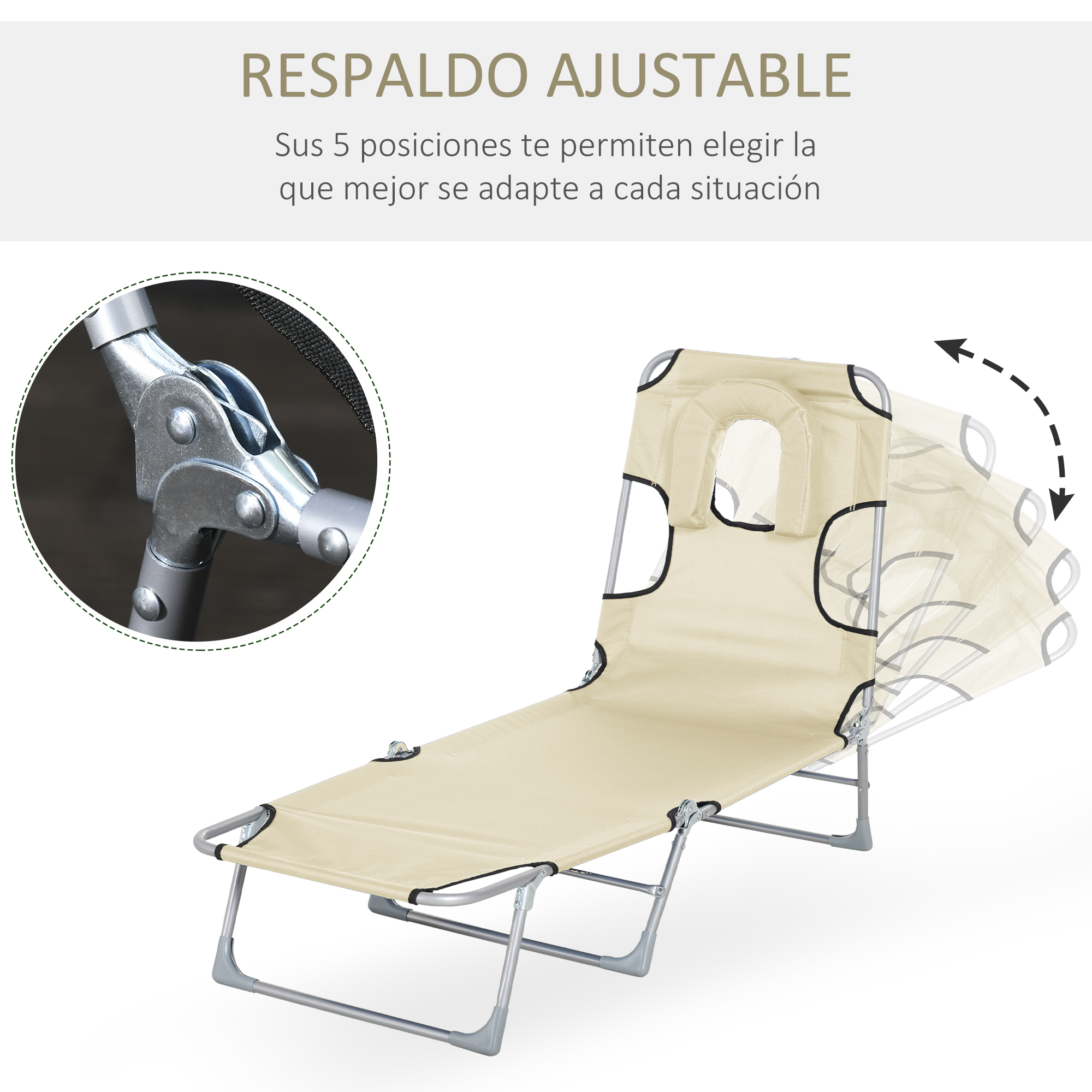 Tumbona beige con respaldo ajustable y detalle del mecanismo de bisagra metálica.