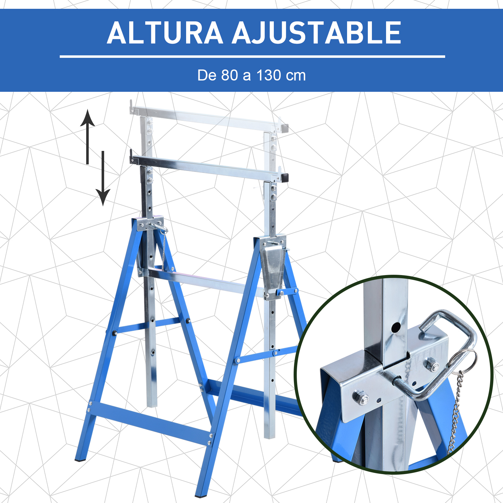 Caballete azul y plateado con altura ajustable de 80 a 130 cm, mostrando en detalle el pasador de seguridad.