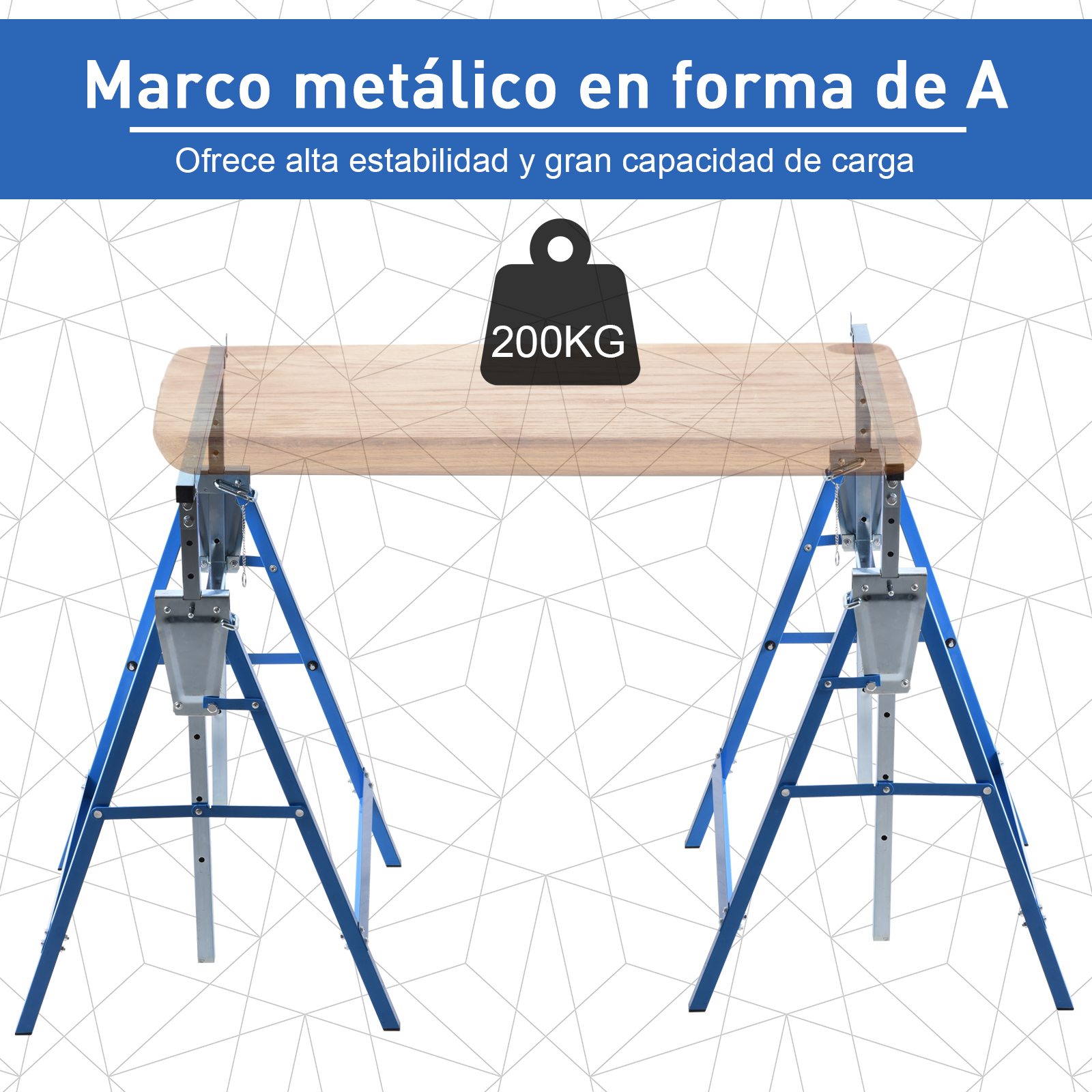 Caballete metálico azul en forma de A que soporta una tabla de madera con un icono de 200 kg.