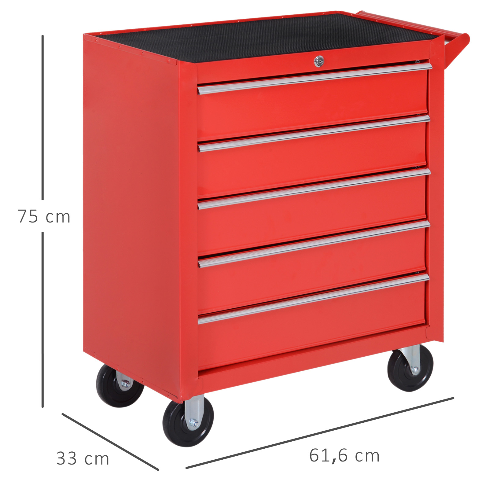 Un carro de herramientas rojo con cinco cajones, asas negras y ruedas, de 75x61.6x33 cm.