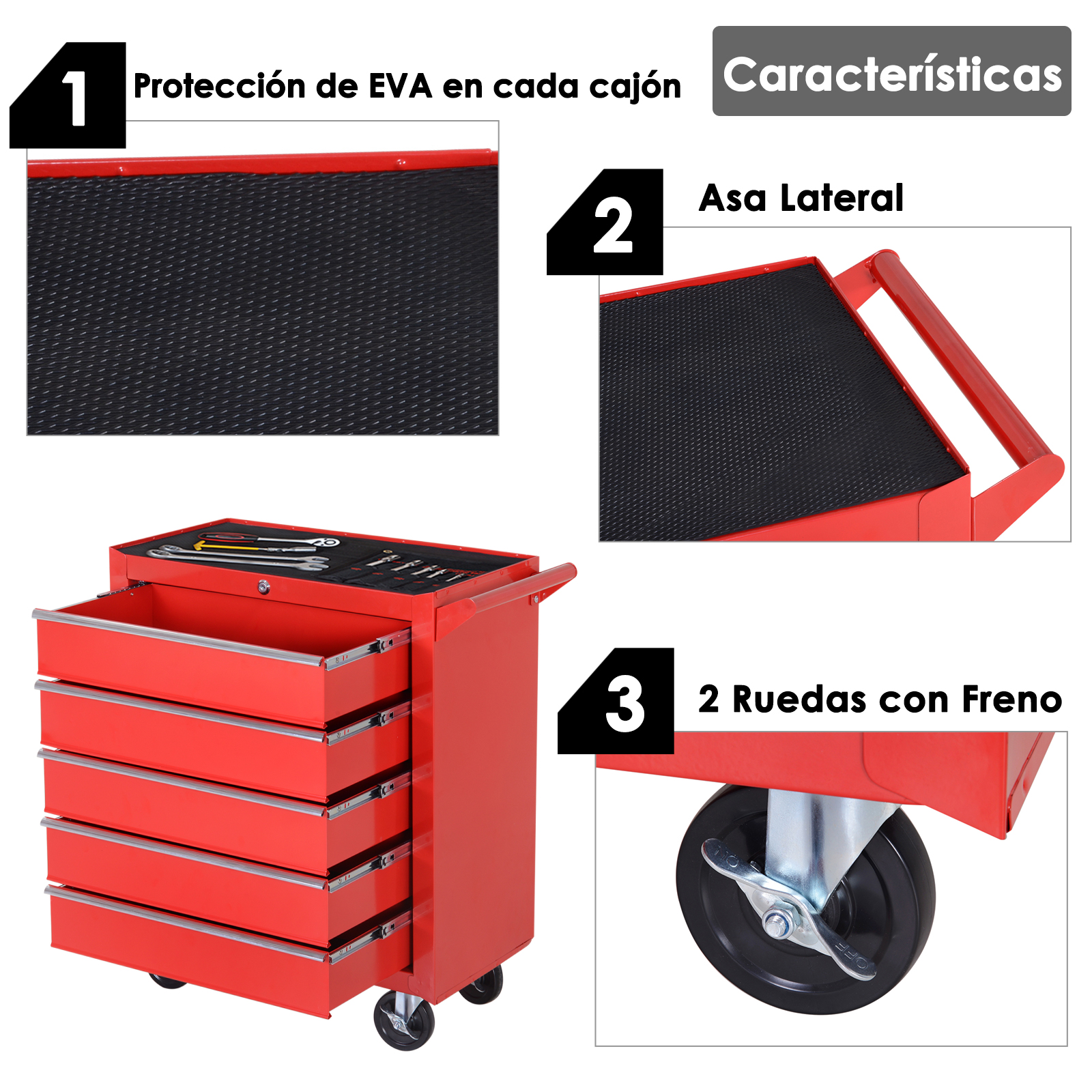 Un carro de herramientas rojo con cinco cajones abiertos, asa lateral, espuma EVA y ruedas con freno.