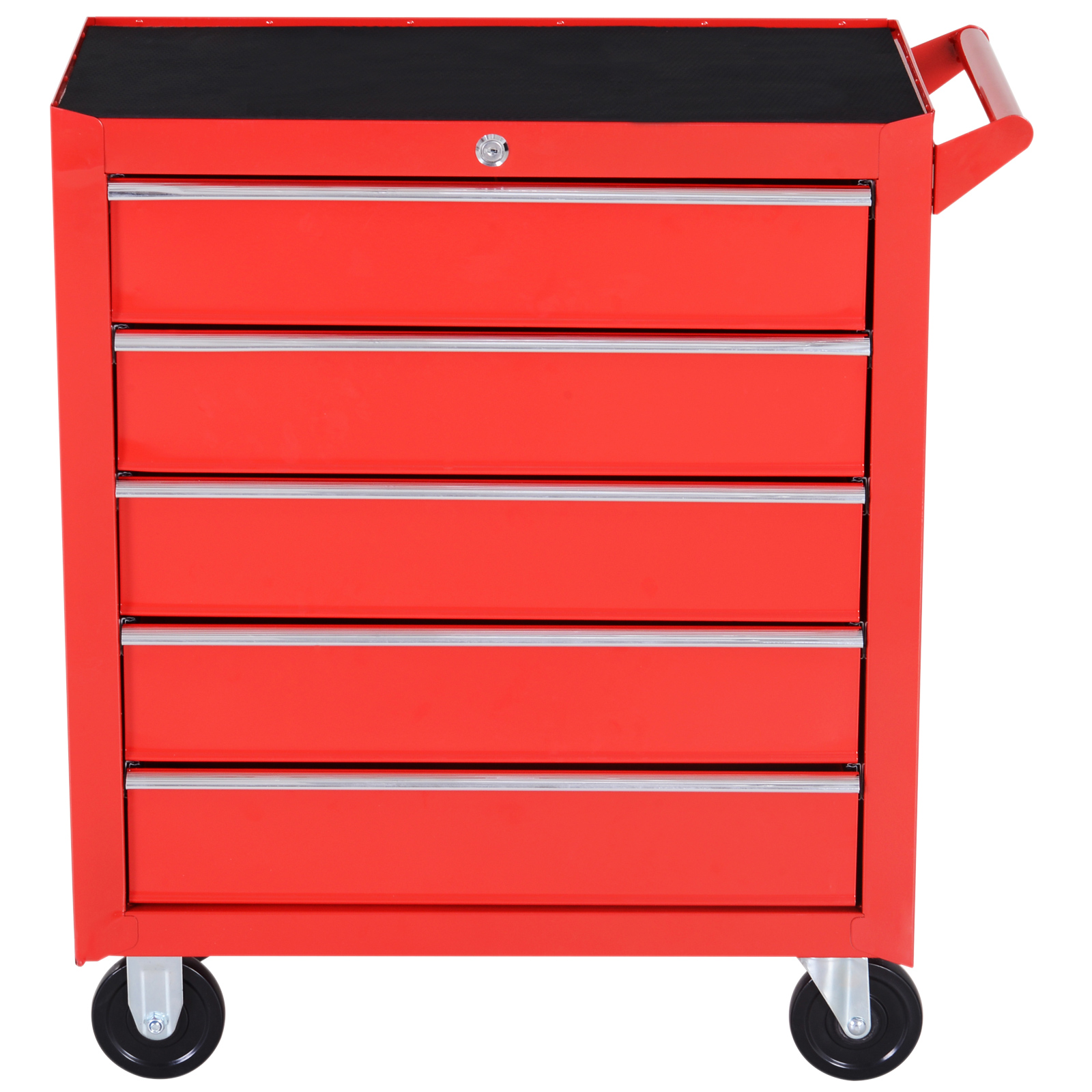 Un gabinete de herramientas rojo con cinco cajones, superficie negra, asa lateral y cuatro ruedas giratorias.