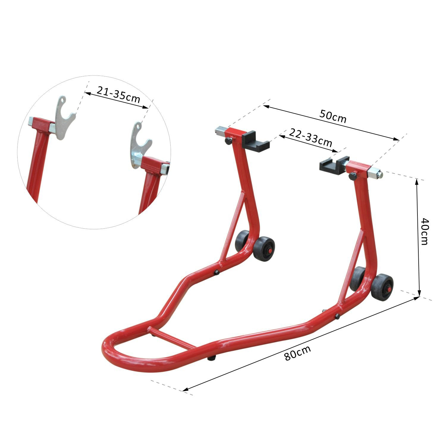Un soporte para motocicleta rojo con dimensiones en un fondo blanco.