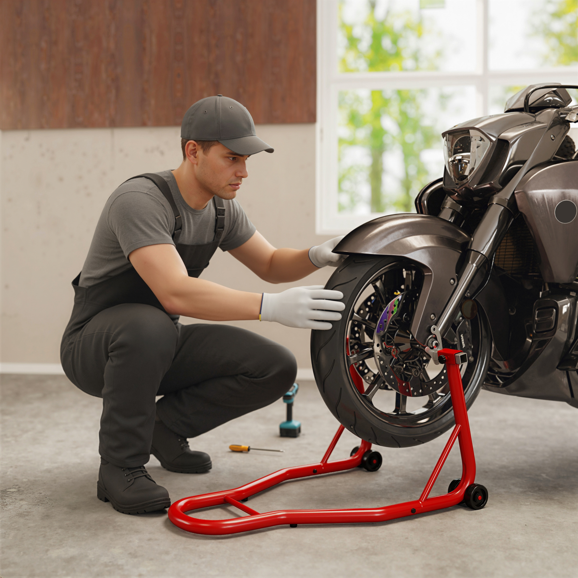 Un mecánico con mono gris inspecciona la rueda delantera de una moto oscura en un soporte rojo.
