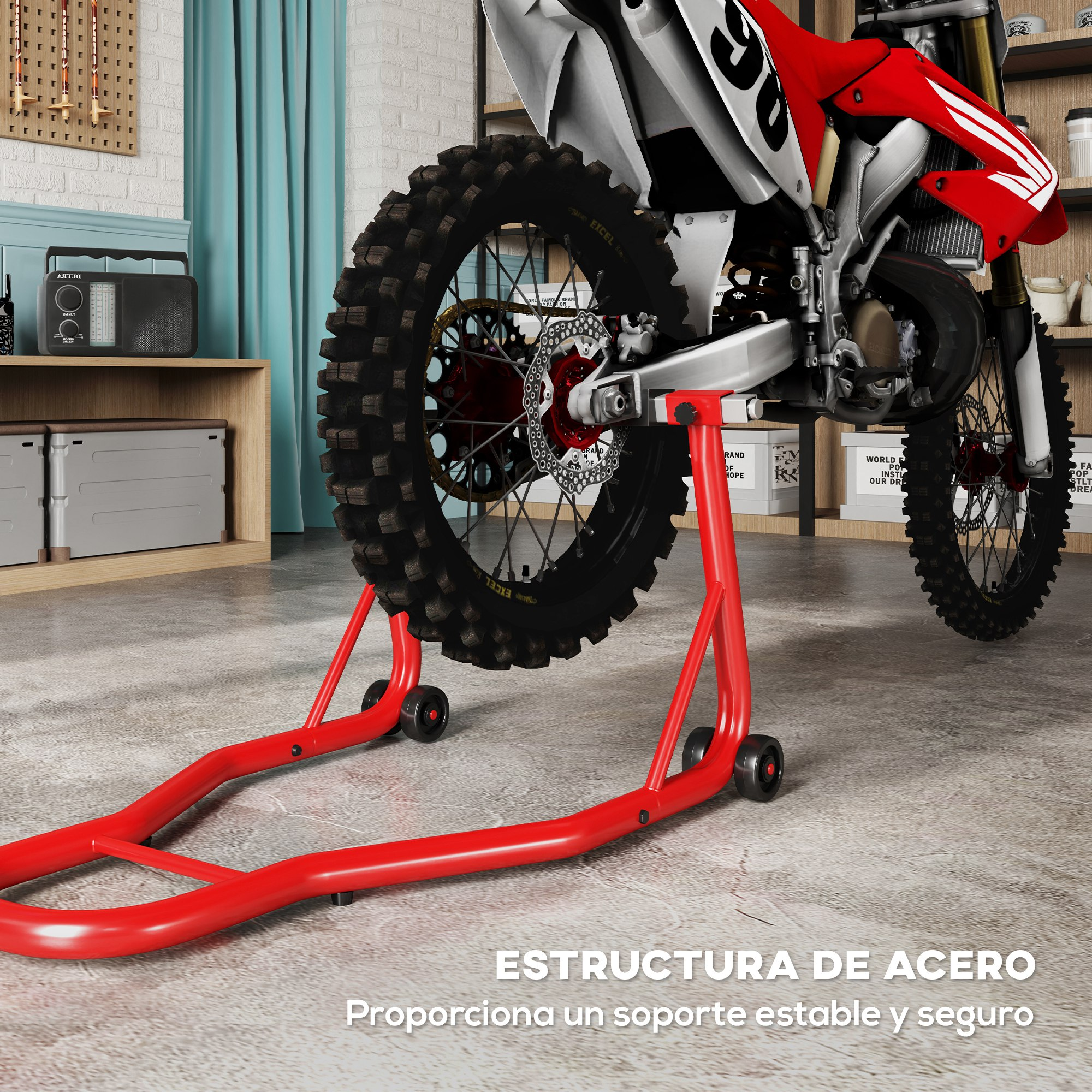Una moto de motocross roja sobre un soporte rojo en un taller.