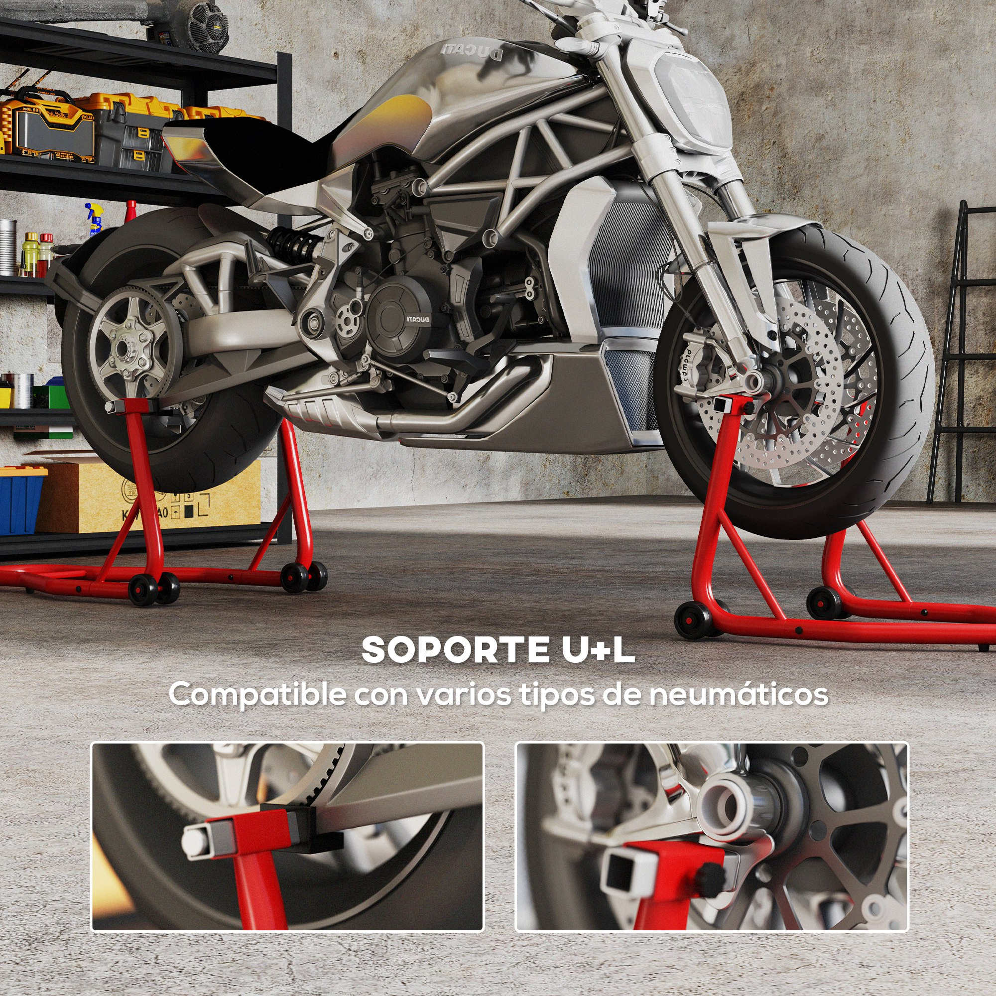 Una motocicleta plateada se eleva sobre soportes rojos en un taller con estantes y una escalera de fondo.