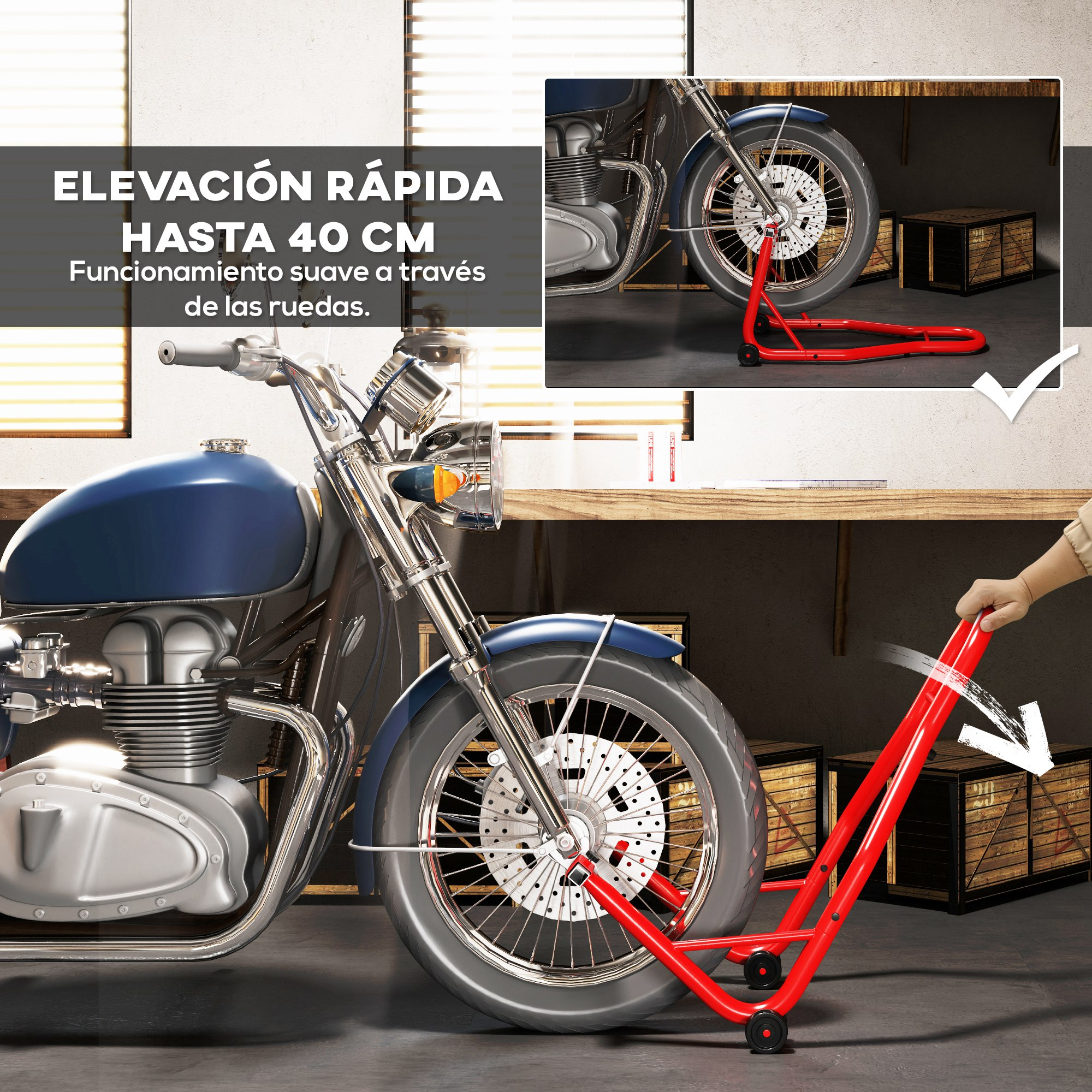 Una persona usa un soporte de elevación rojo para levantar la rueda delantera en un taller.