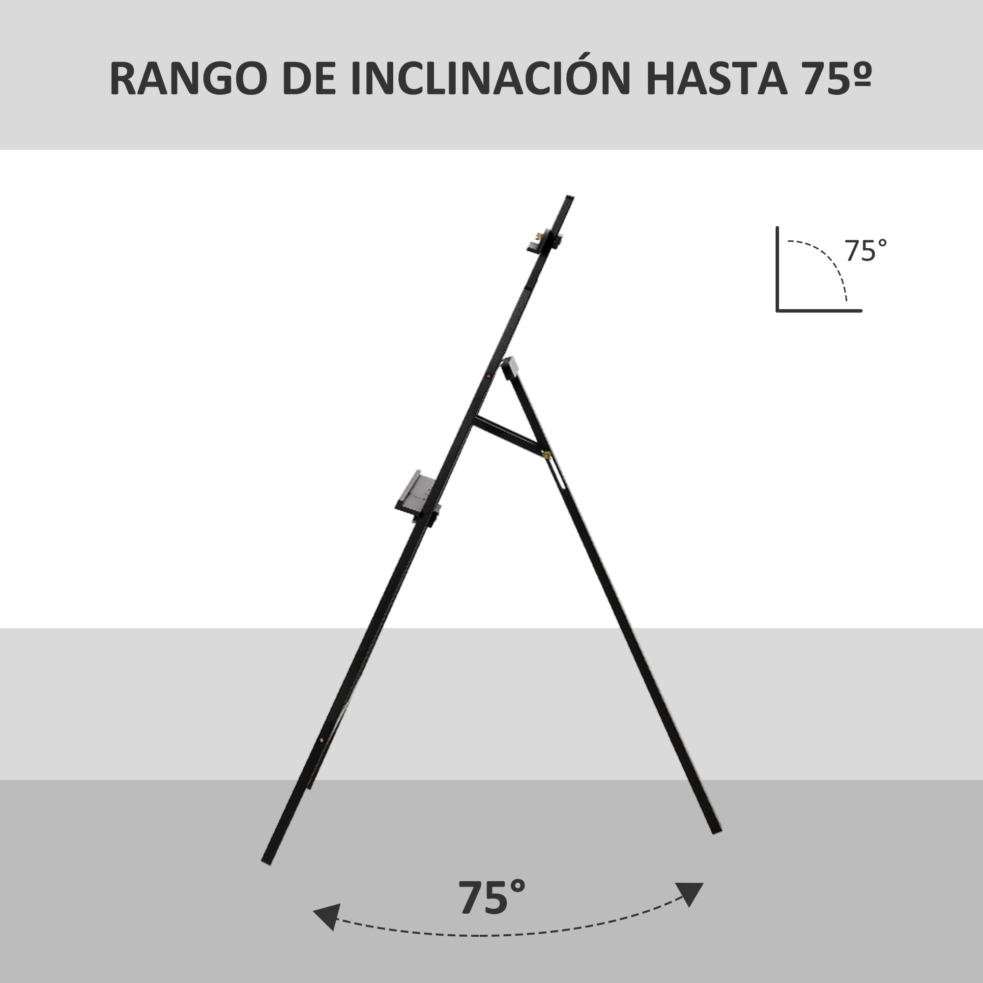 Diagrama que muestra un caballete con un rango de inclinación de hasta 75 grados.
