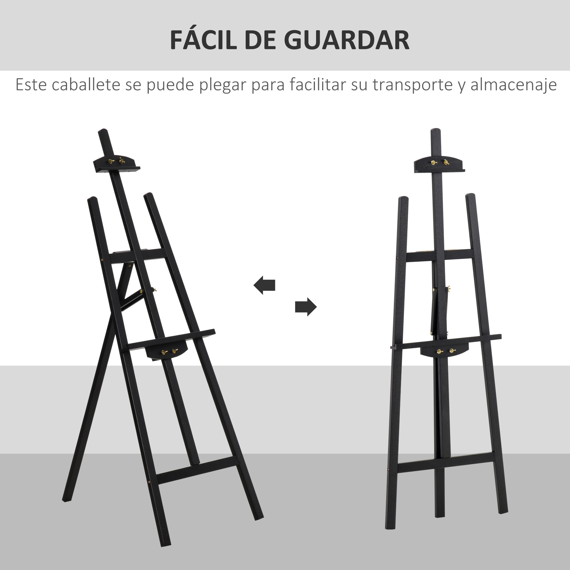 Dos caballetes de madera negra, uno plegado y otro abierto, muestran portabilidad con flechas y texto en español.