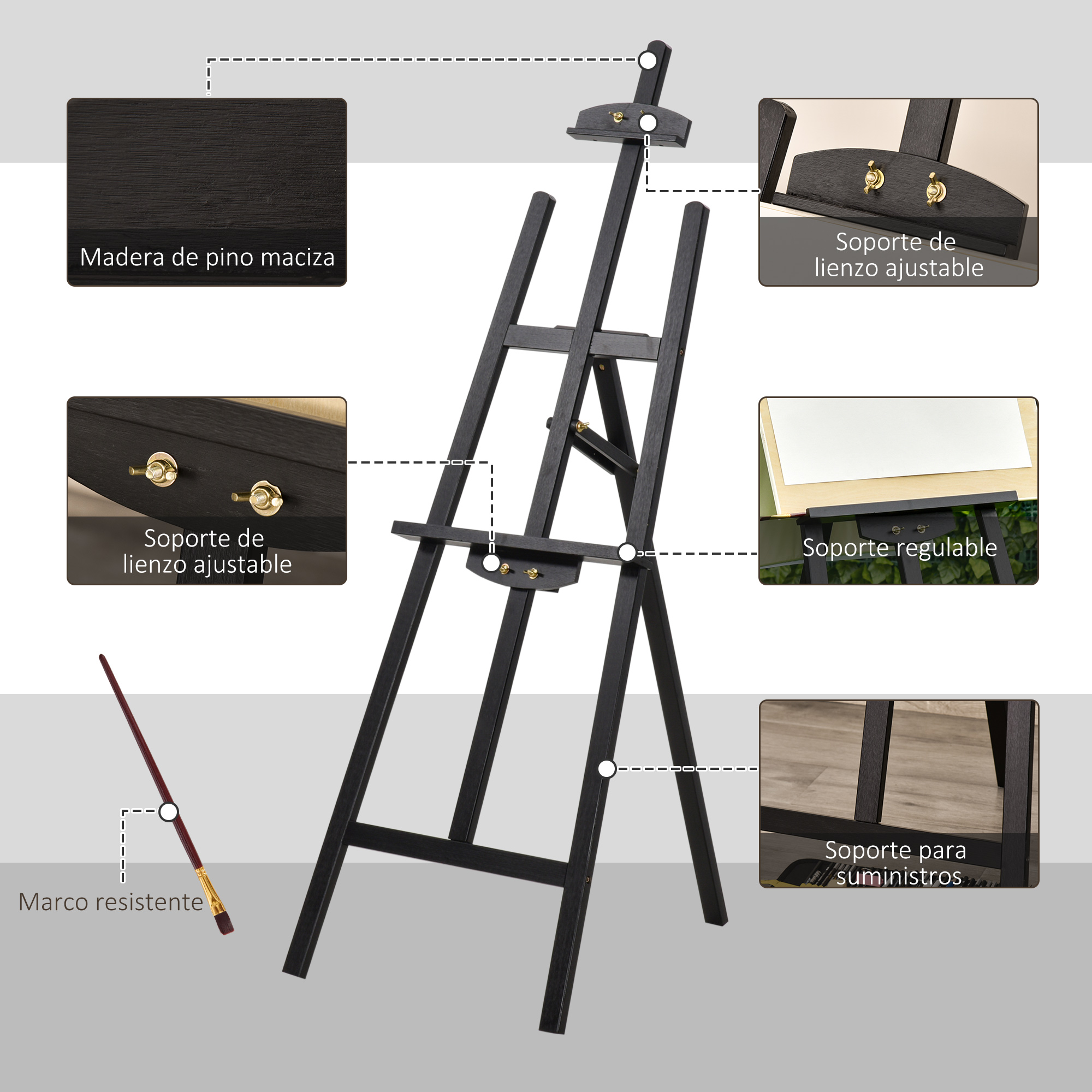 Caballete de pintura de madera negra con soportes ajustables y detalles en recuadros.