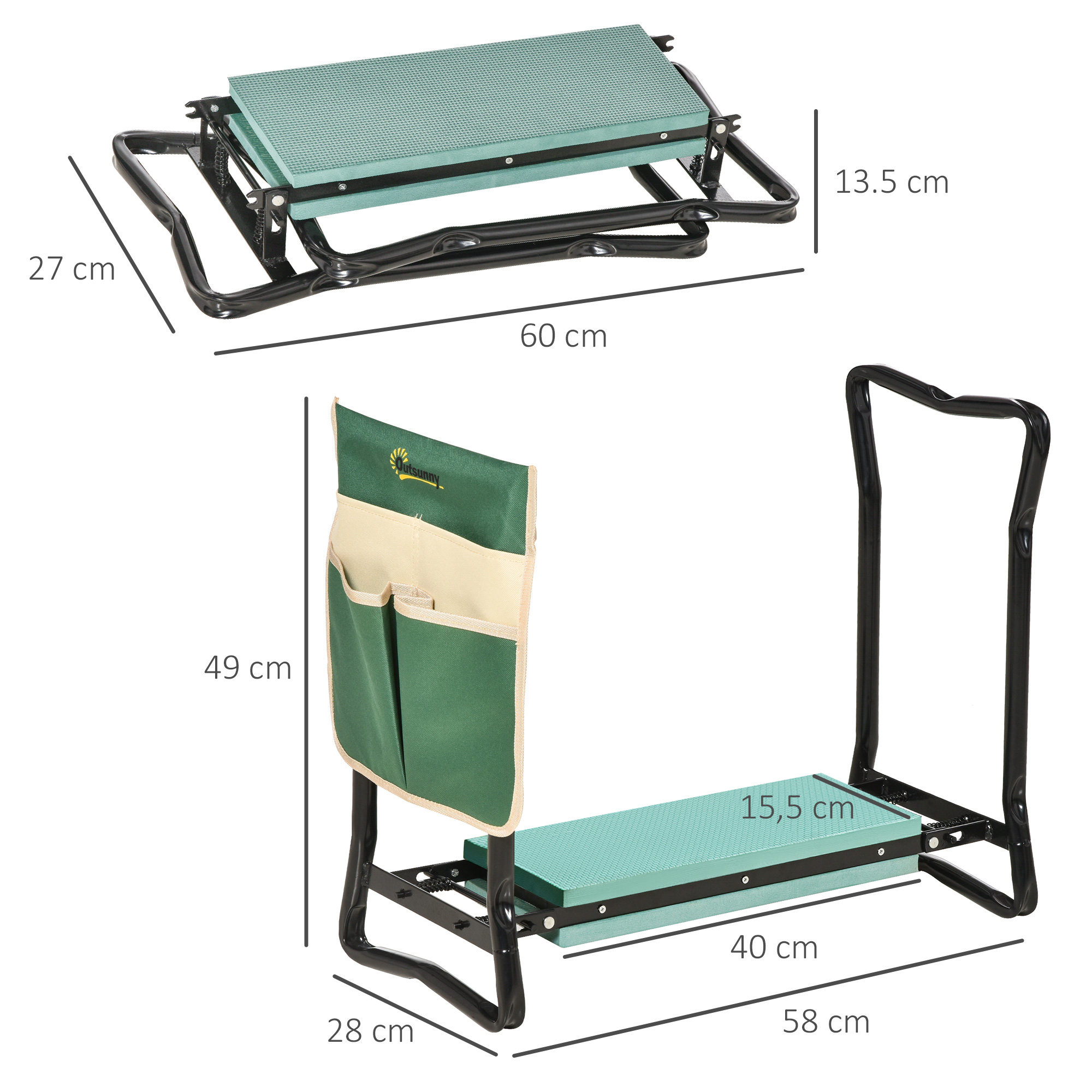 Asiento y rodillera de jardín plegable verde con medidas.