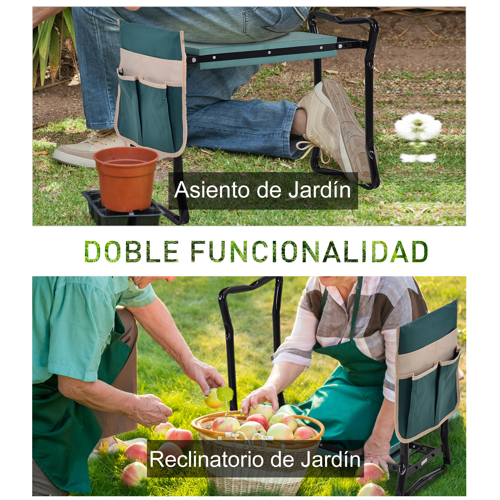 Taburete de jardín con bolsillos en el césped, y dos personas recolectando manzanas.
