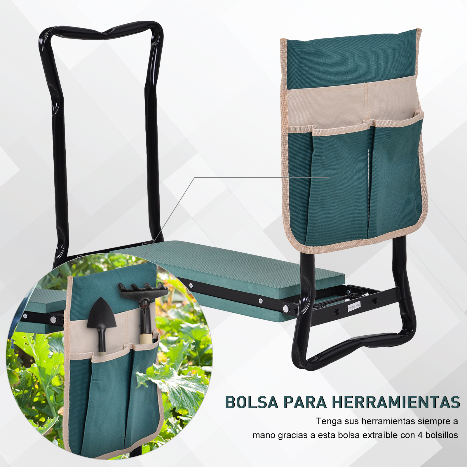 Asiento y rodillera de jardín verde con bolsa de herramientas extraíble con cuatro bolsillos.