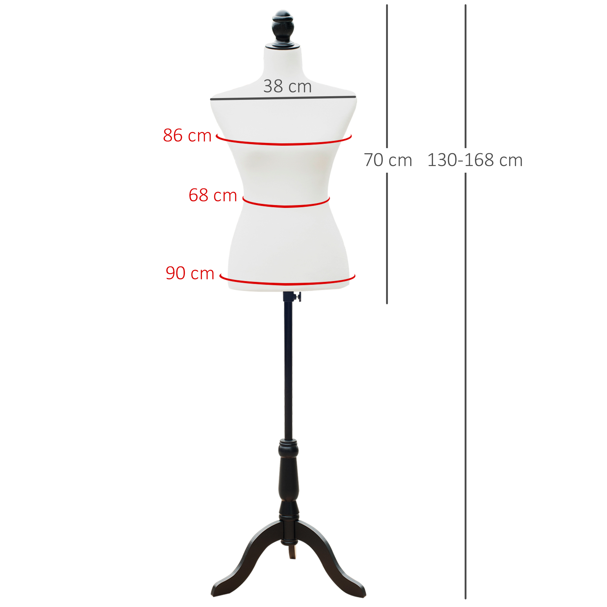 Maniquí de costura blanco con soporte negro y líneas rojas de medidas para busto, cintura y cadera.