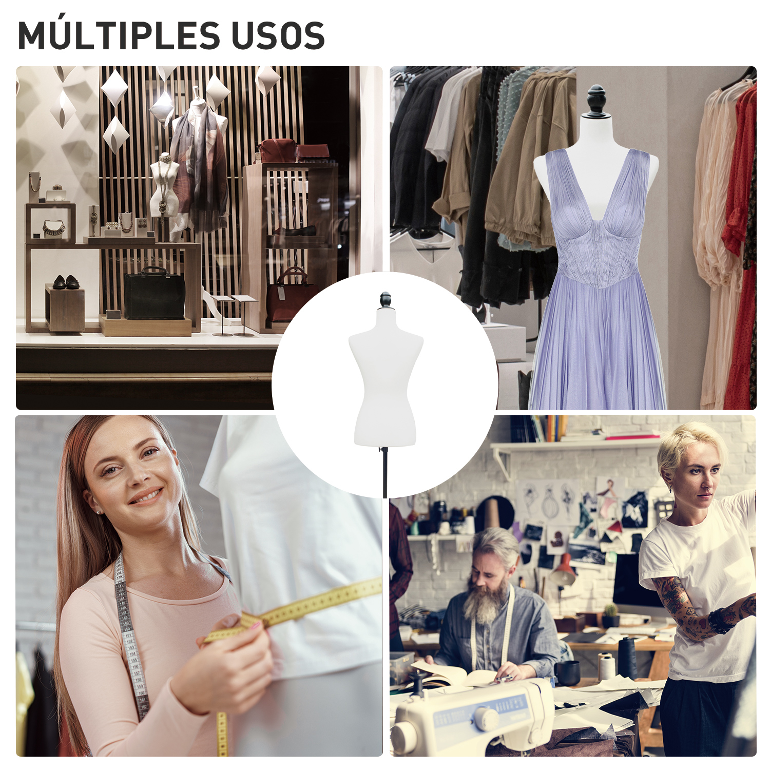 Expositores de moda, maniquíes y diseñadores trabajando juntos en un estudio.