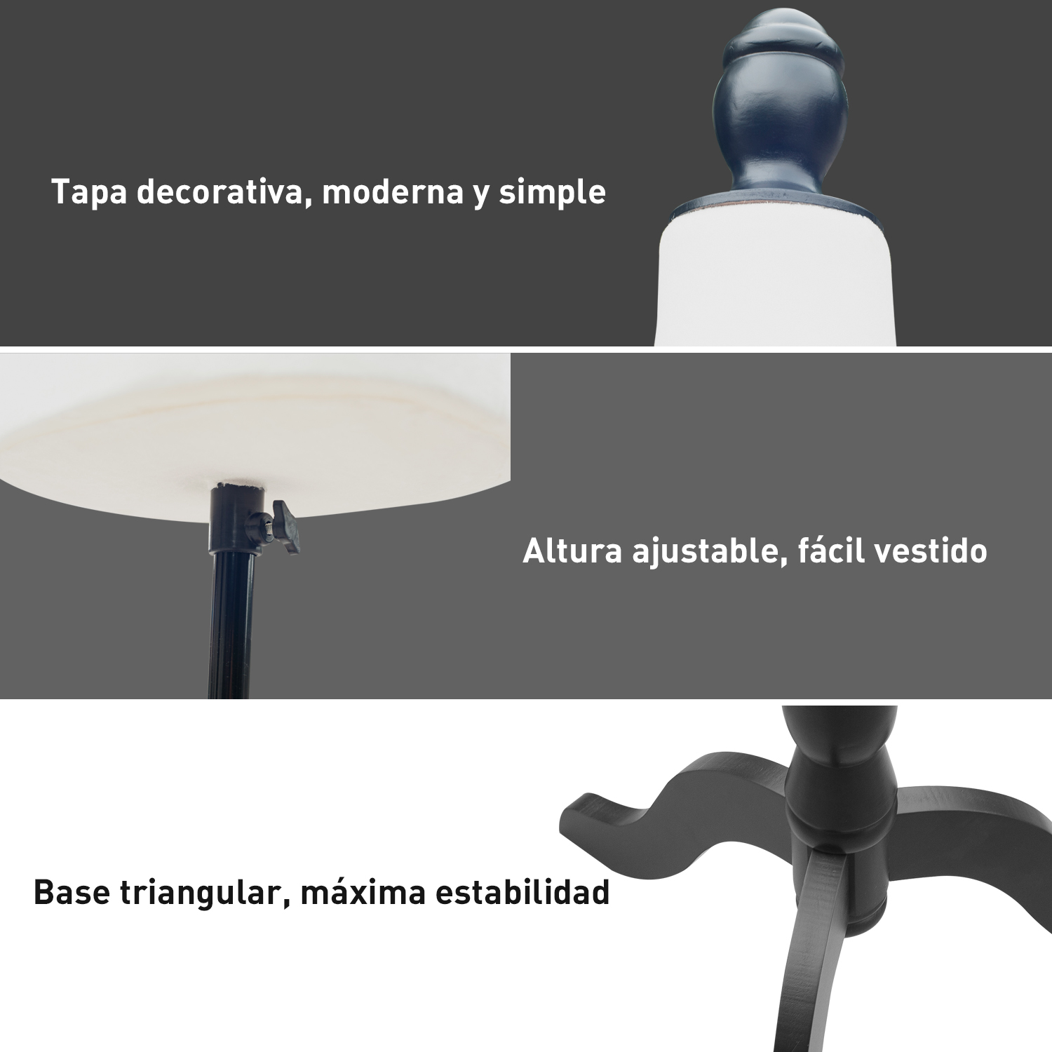 Tres primeros planos de un maniquí: tapa decorativa, soporte de altura ajustable y base triangular.