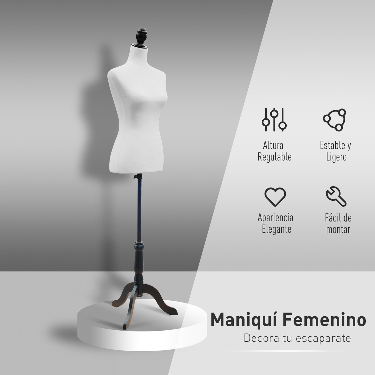 Un maniquí femenino blanco en un pedestal con texto en español y detalles del producto a la derecha.