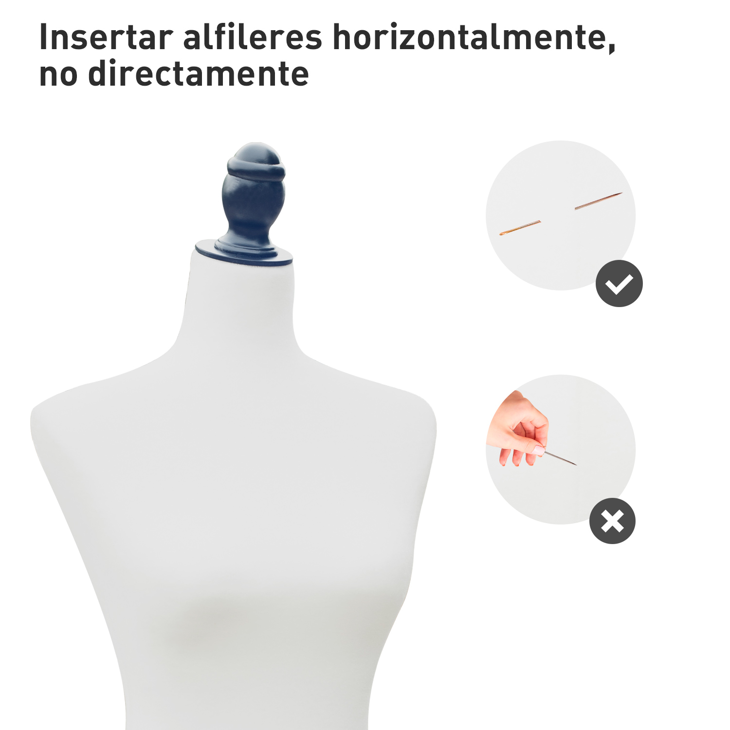 Instrucciones para insertar alfileres horizontalmente en un maniquí blanco, mostrado con dos círculos de demostración.