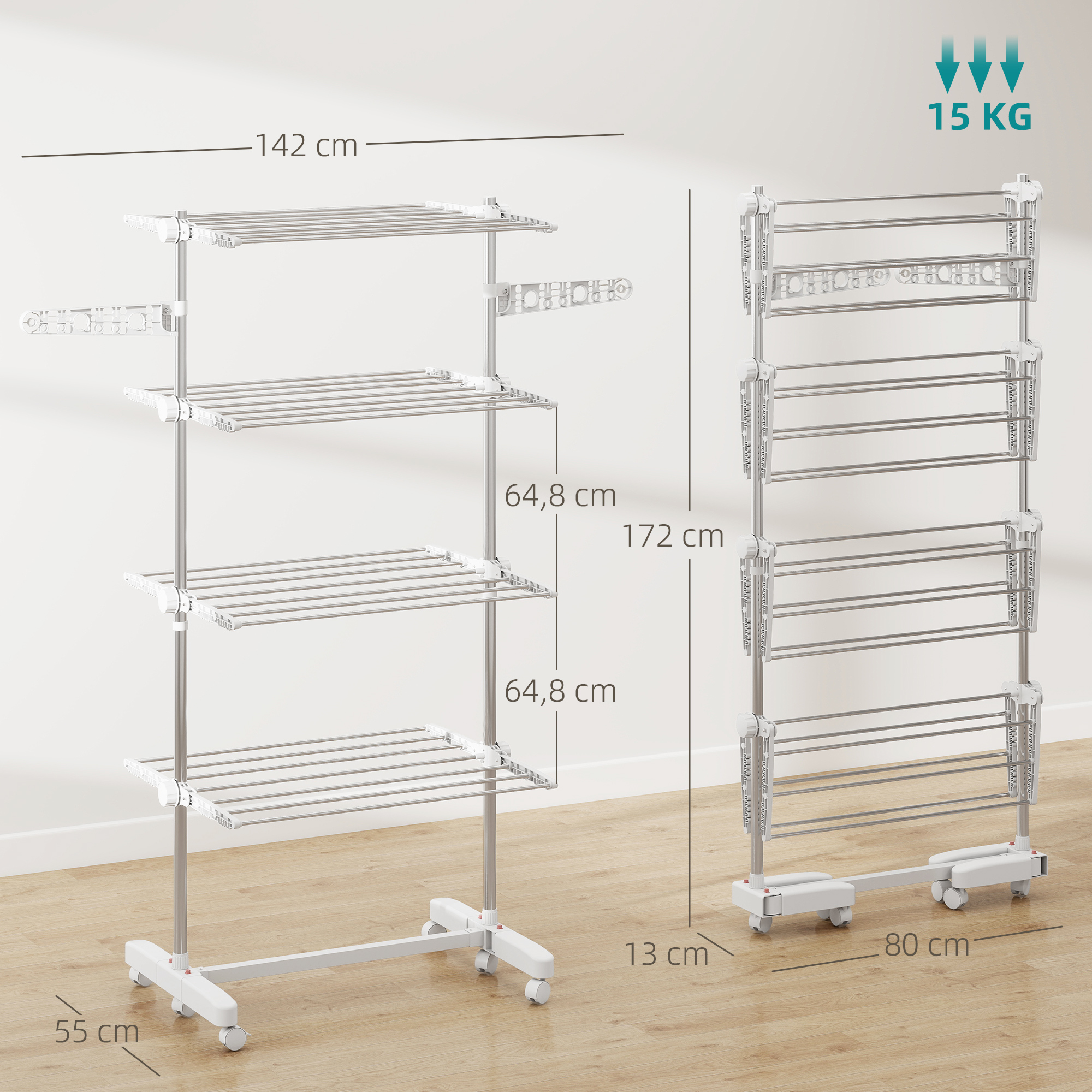 Un tendedero blanco de cuatro niveles con dimensiones en un suelo de madera.