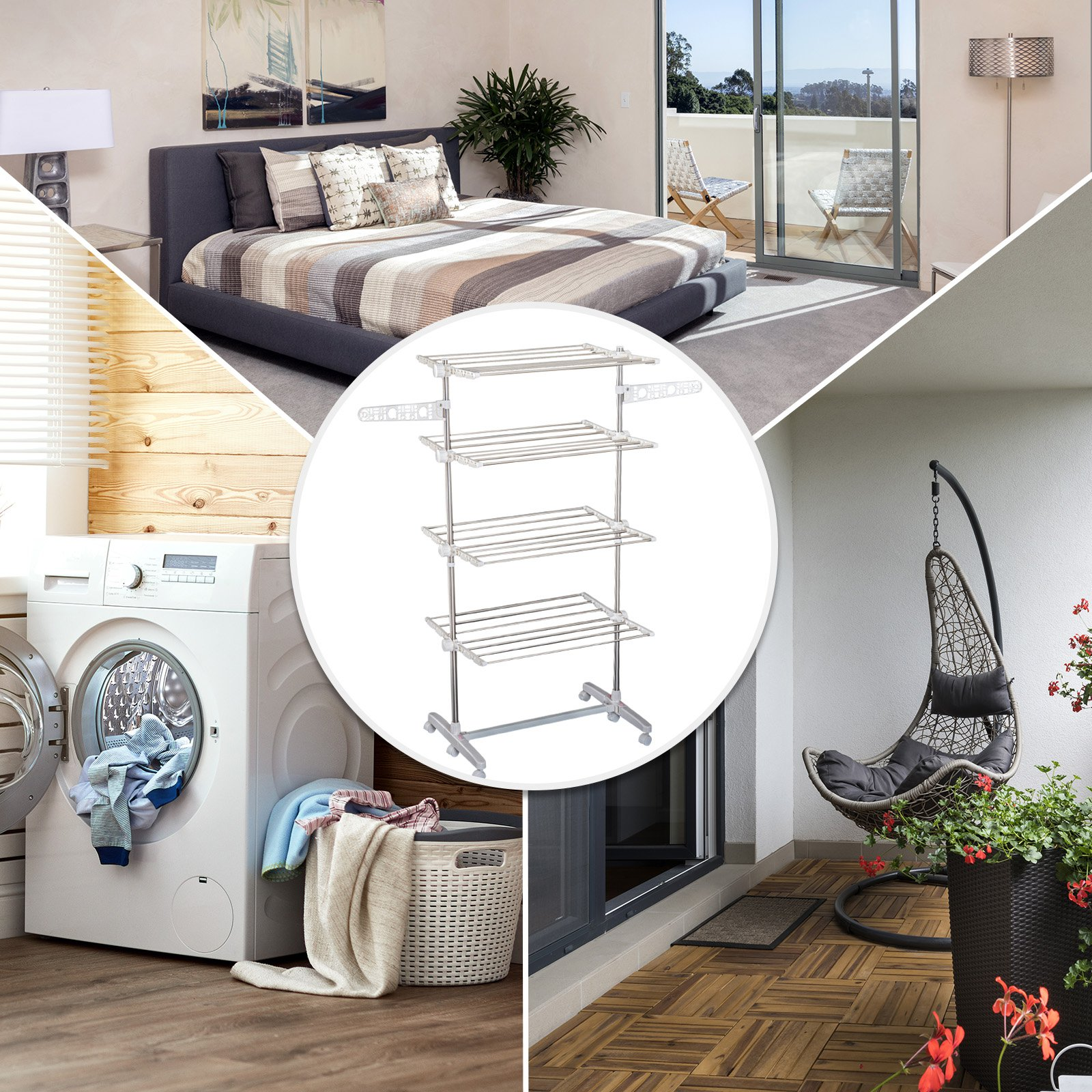 Un collage que muestra un tendedero, una lavadora, un dormitorio y un balcón con una silla colgante.